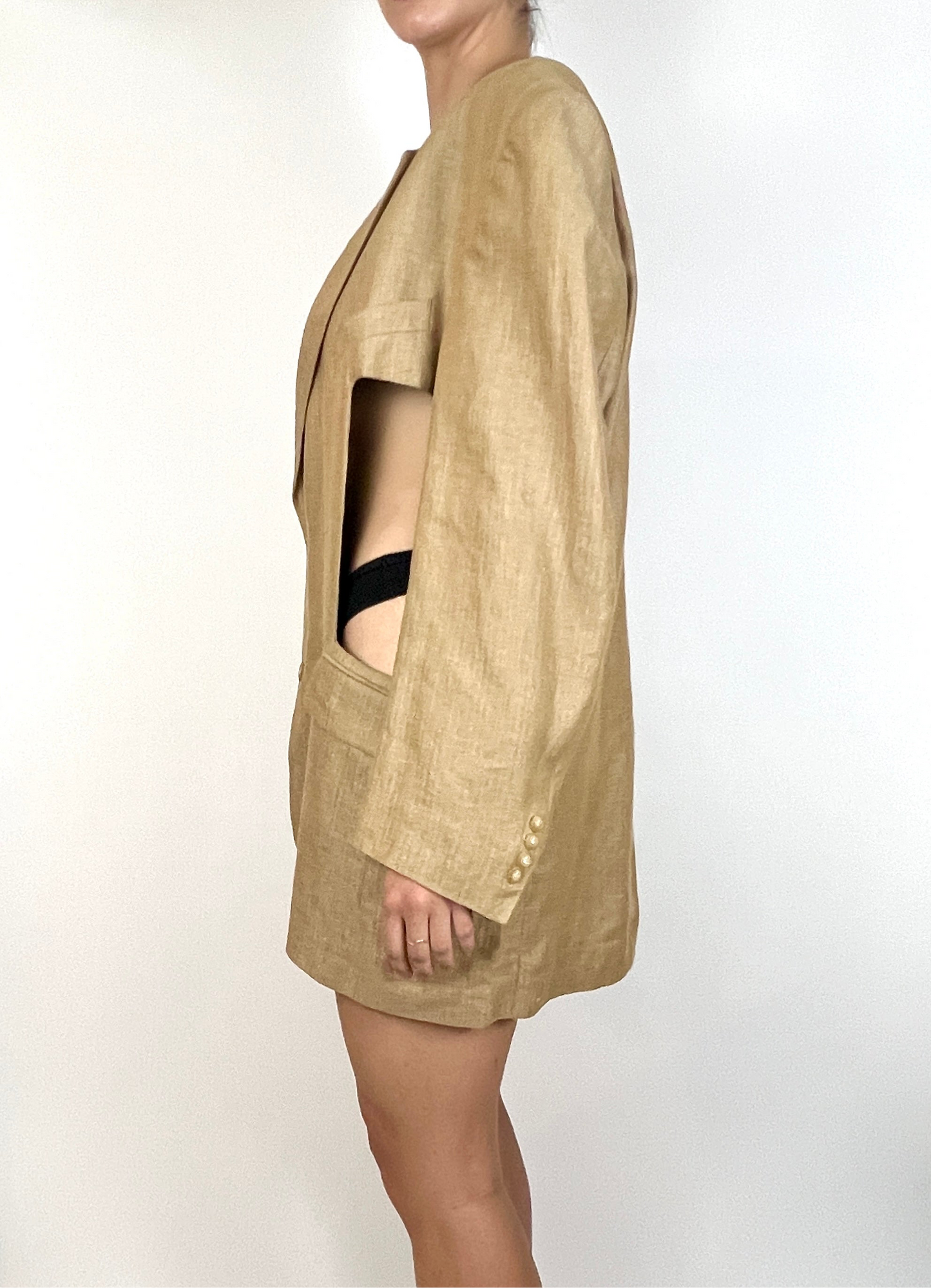 CUSTOM VTG SILK OVERSIZED BLAZER, CUT-OUT. BEIGE CHEVRON WEAVE