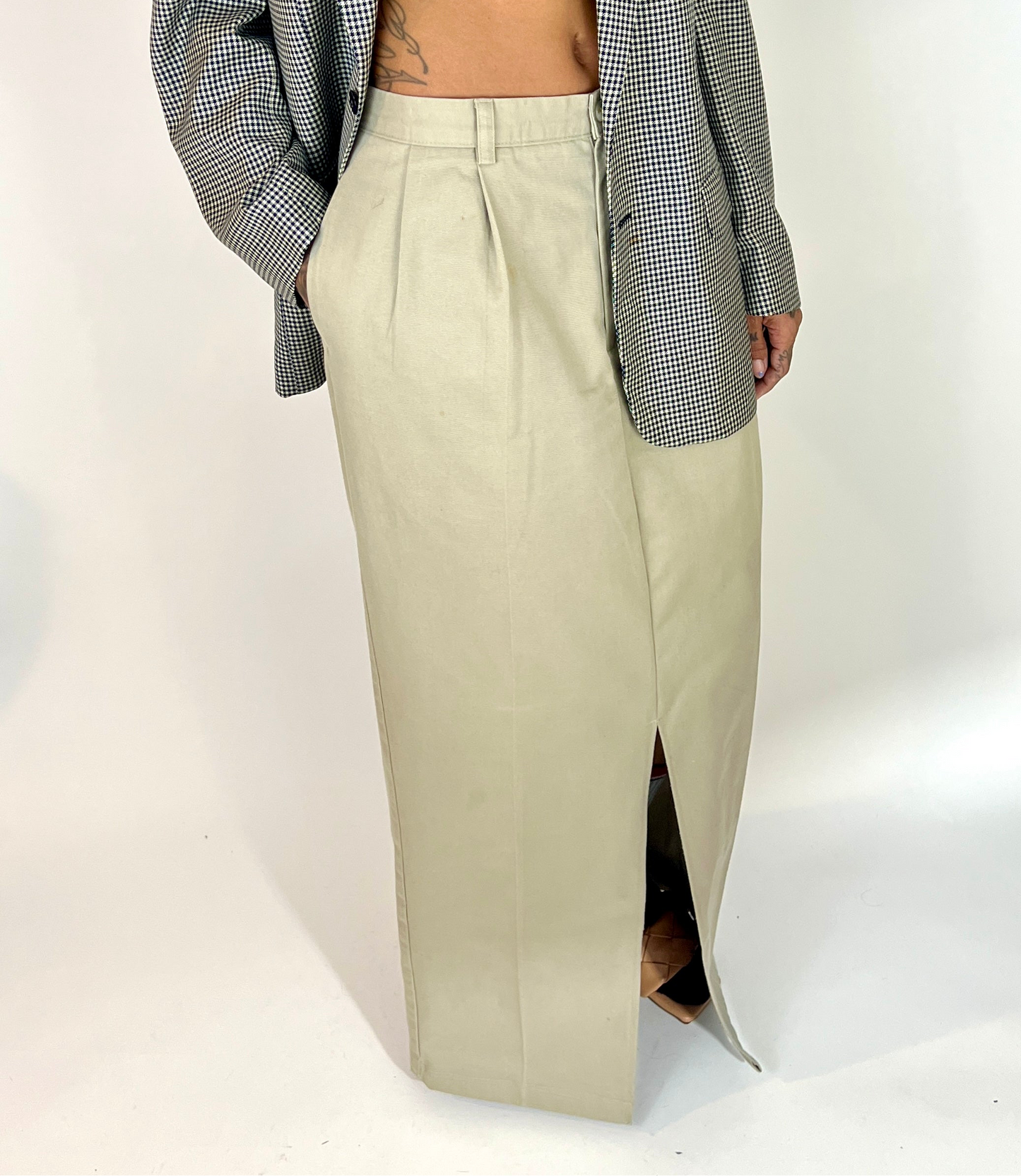 CUSTOM VTG COTTON TROUSER MAXI SKIRT, ALMOND