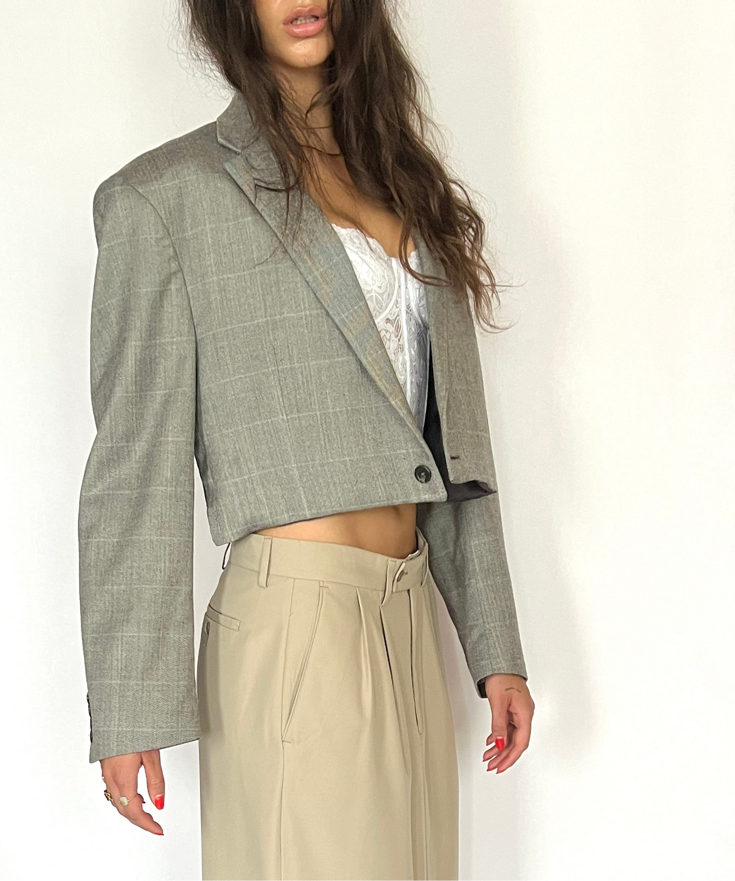 CUSTOM VTG SILK & WOOL OVERSIZED BLAZER, GRAY PLAID.  CROPPED, HIGH BACK