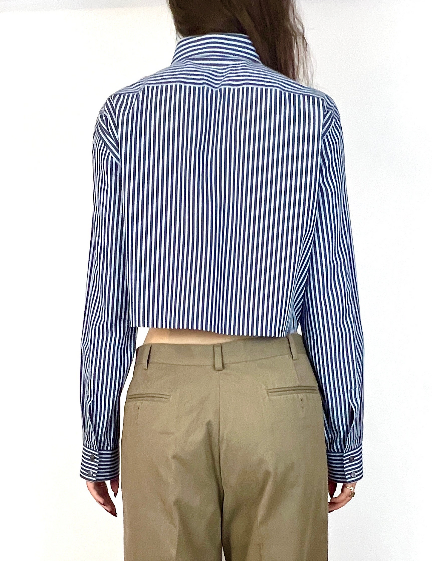 CUSTOM VTG HUGO BOSS OXFORD, BLUE STRIPE.  CROPPED, CUT-OUT COLLAR