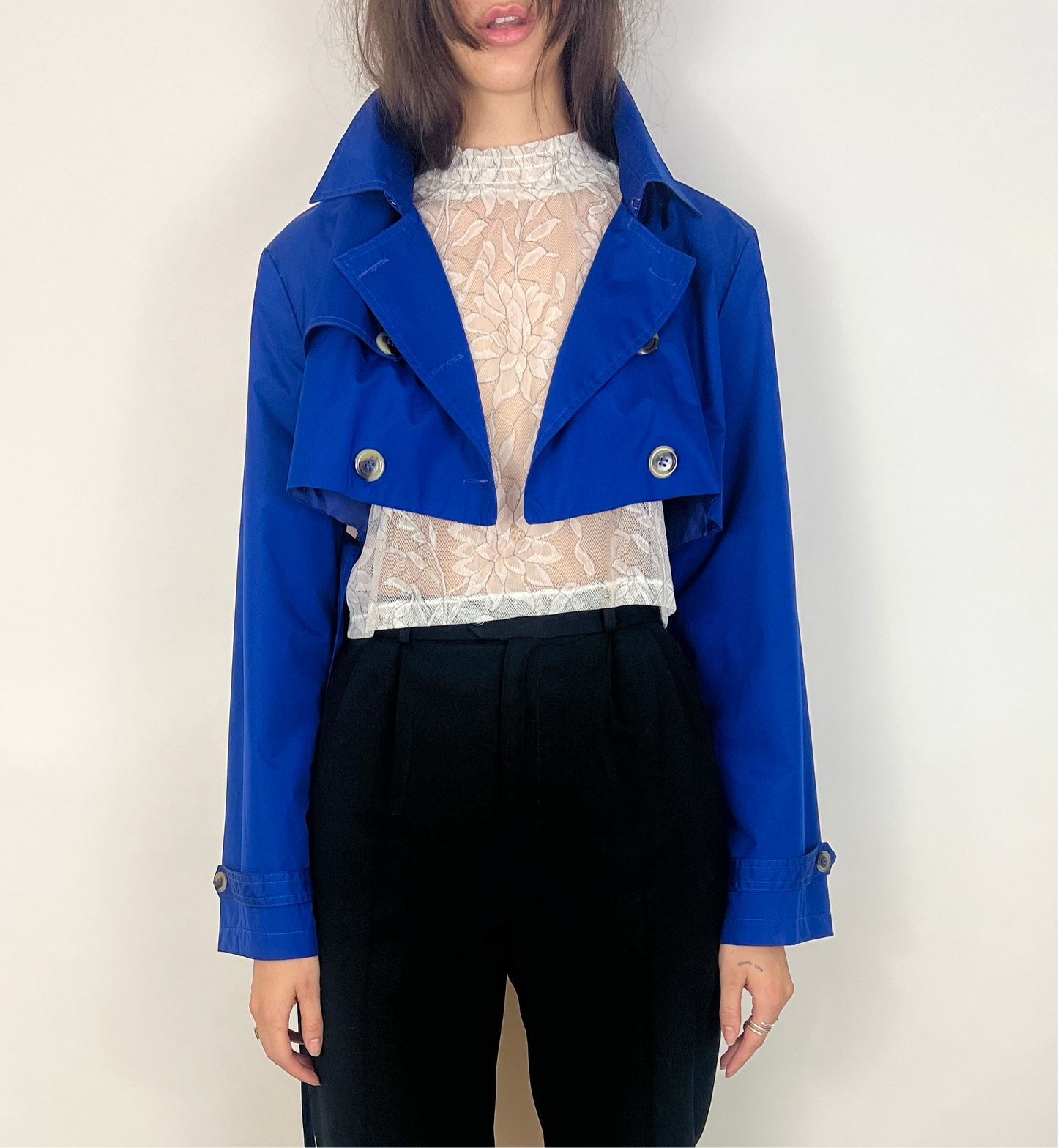 CUSTOM VTG OVERSIZED TRENCH, CROPPED JACKET. LAPIS