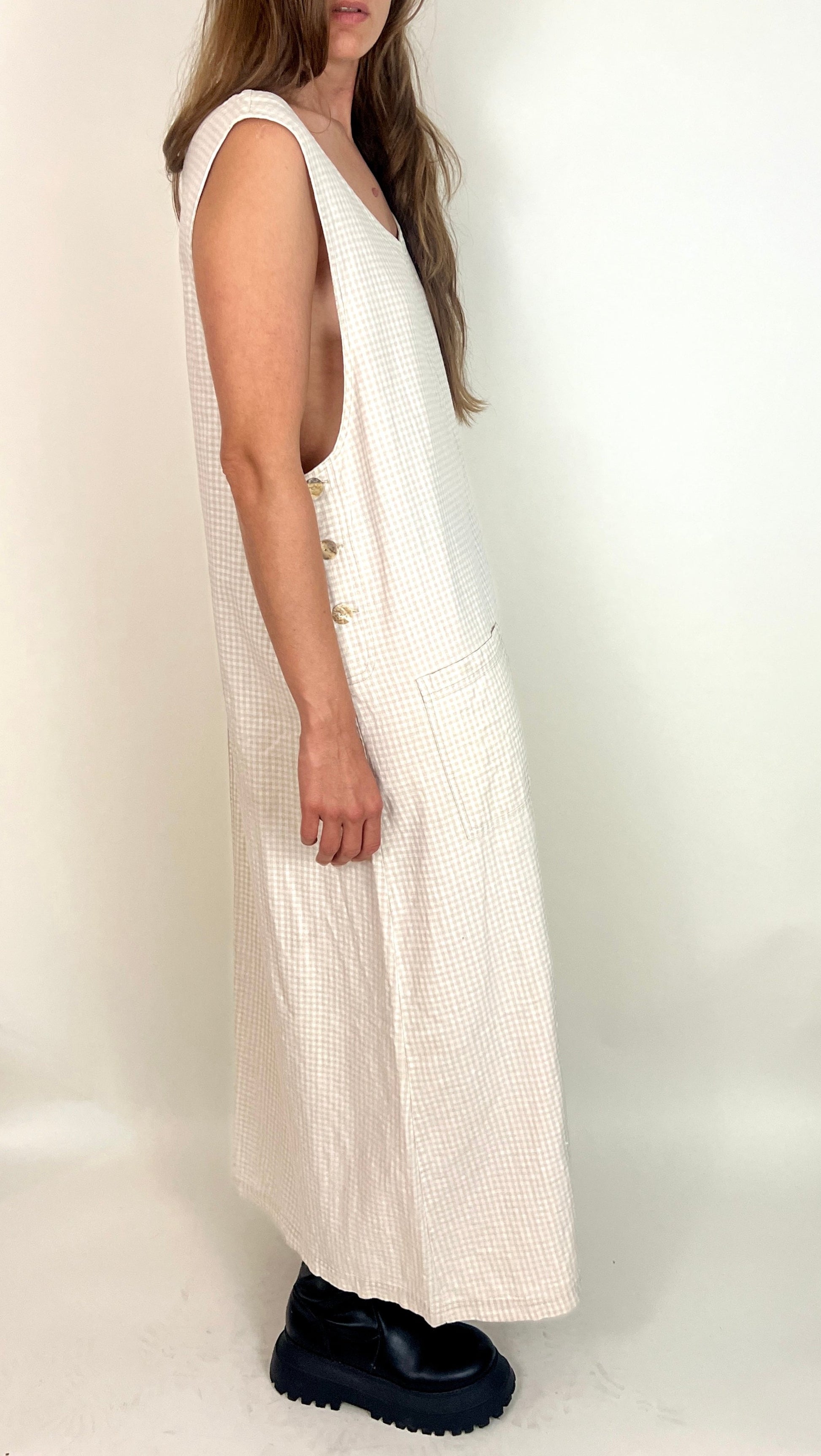 SLINKY LINEN GRUNGE MAXI DRESS, BEIGE GINGHAM SLINKY LINEN GRUNGE MAXI DRESS, BEIGE GINGHAM
