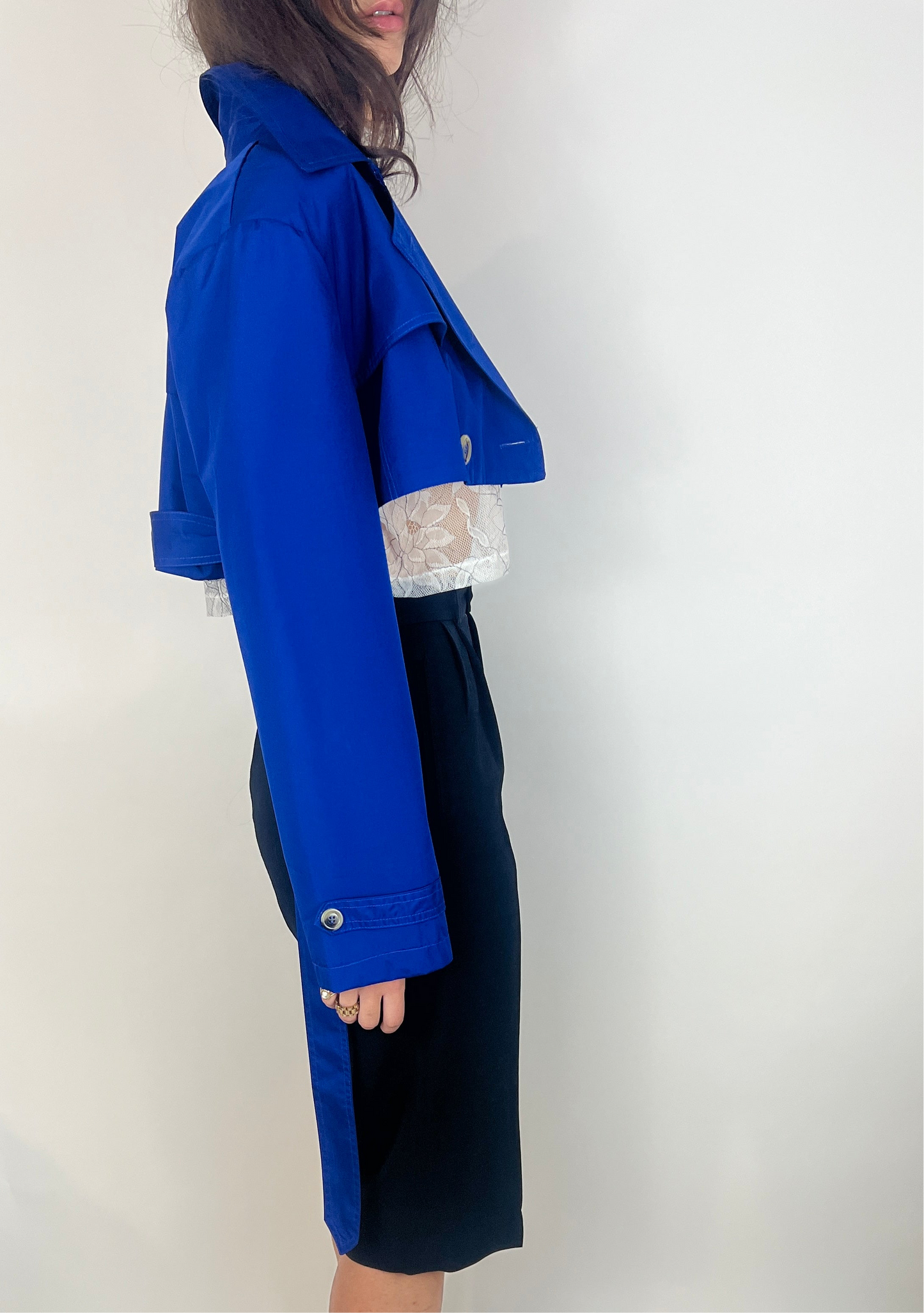 CUSTOM VTG OVERSIZED TRENCH, CROPPED JACKET. LAPIS