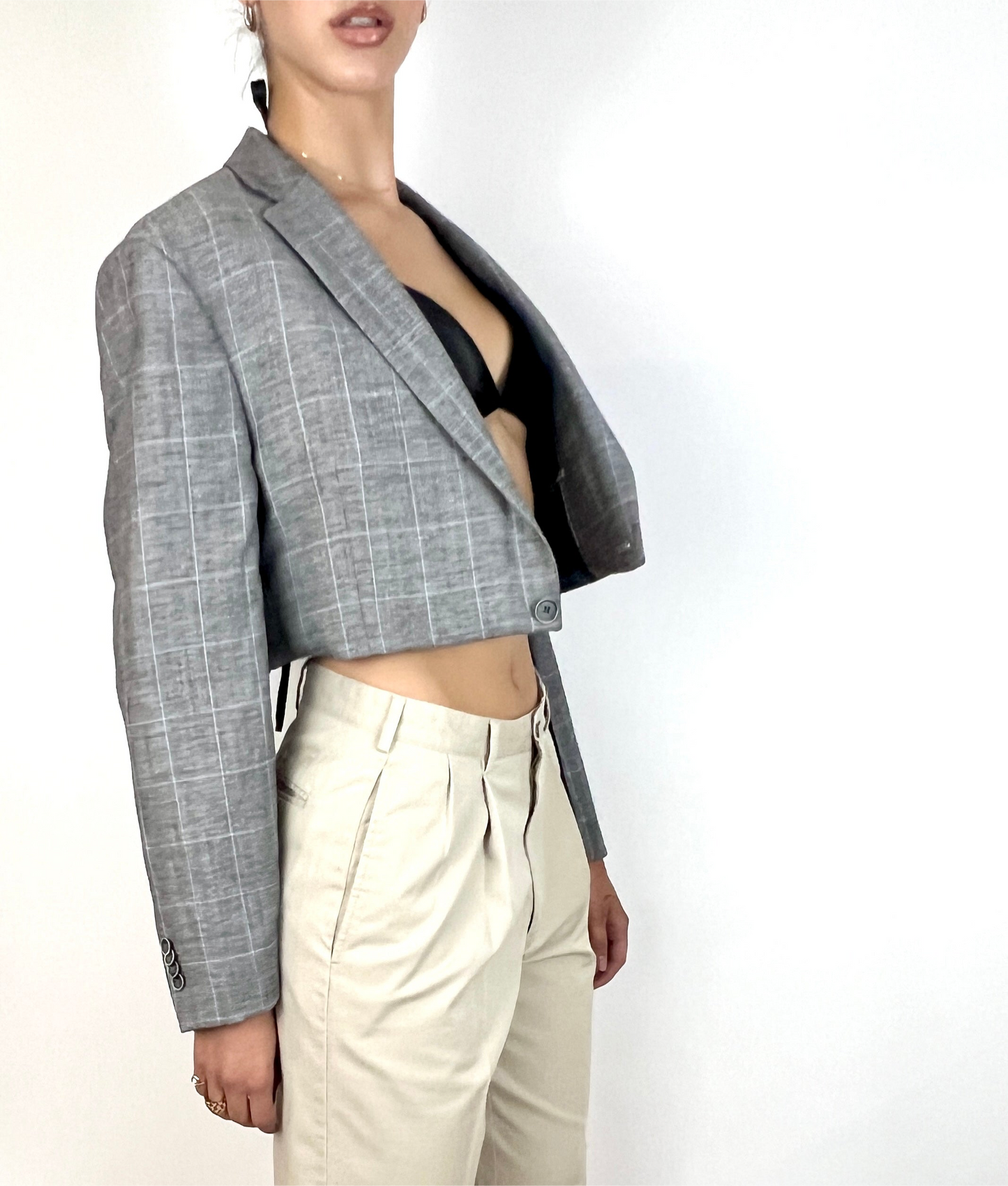 CUSTOM VTG OVERSIZED COTTON BLAZER, CAPE. GREY CHECK PLAID