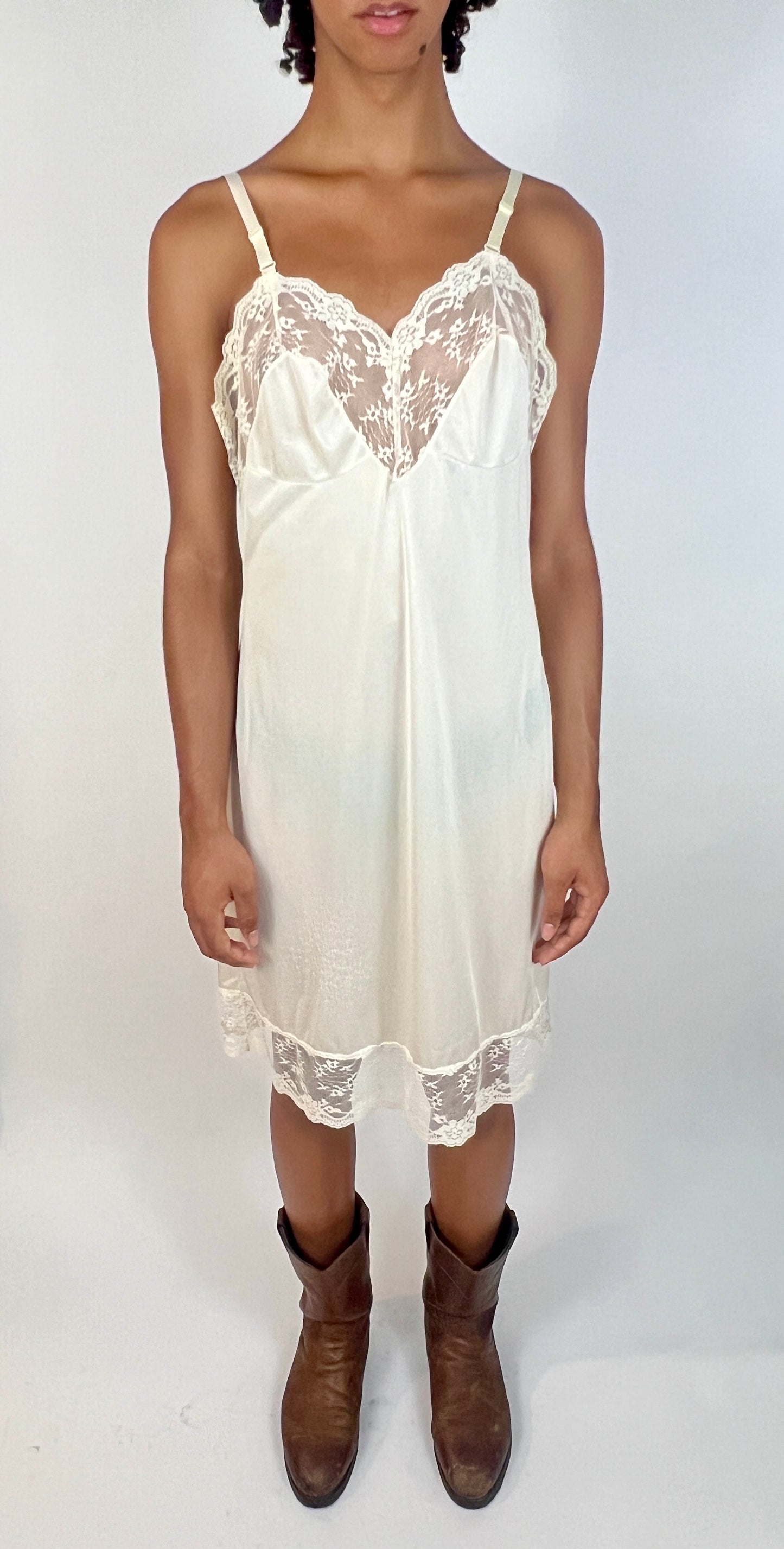 SLINKY LACE SLIP DRESS, CUSTARD