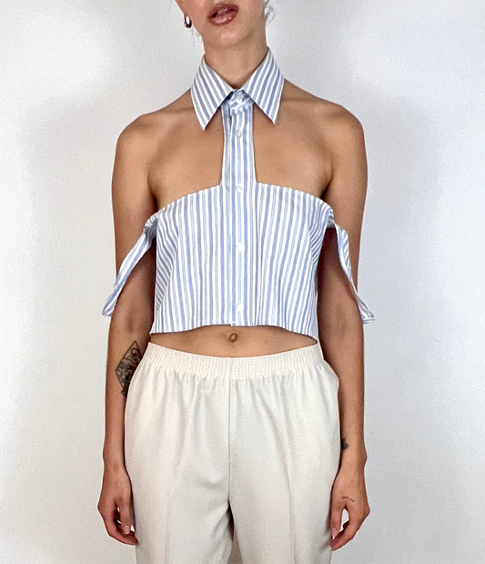 CUSTOM VTG HUGO BOSS COTTON OXFORD, HALTER TANK. BLUE STRIPE