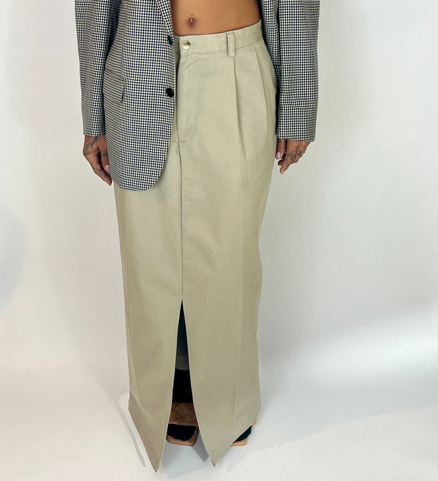 CUSTOM VTG COTTON TROUSER MAXI SKIRT, ALMOND