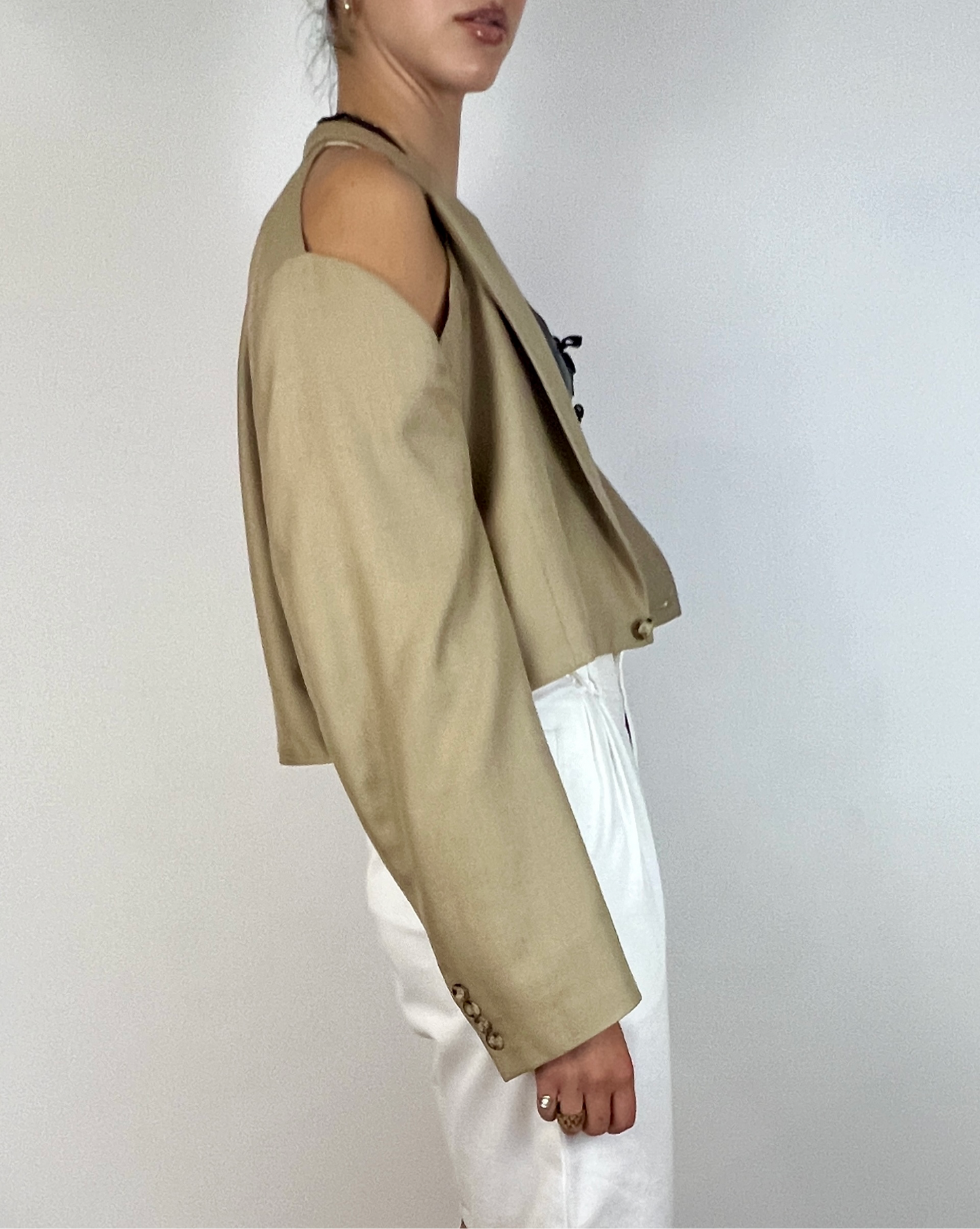 CUSTOM VTG OVERSIZED SILK BLAZER, HUMMUS. CROPPED, OPEN COLLAR