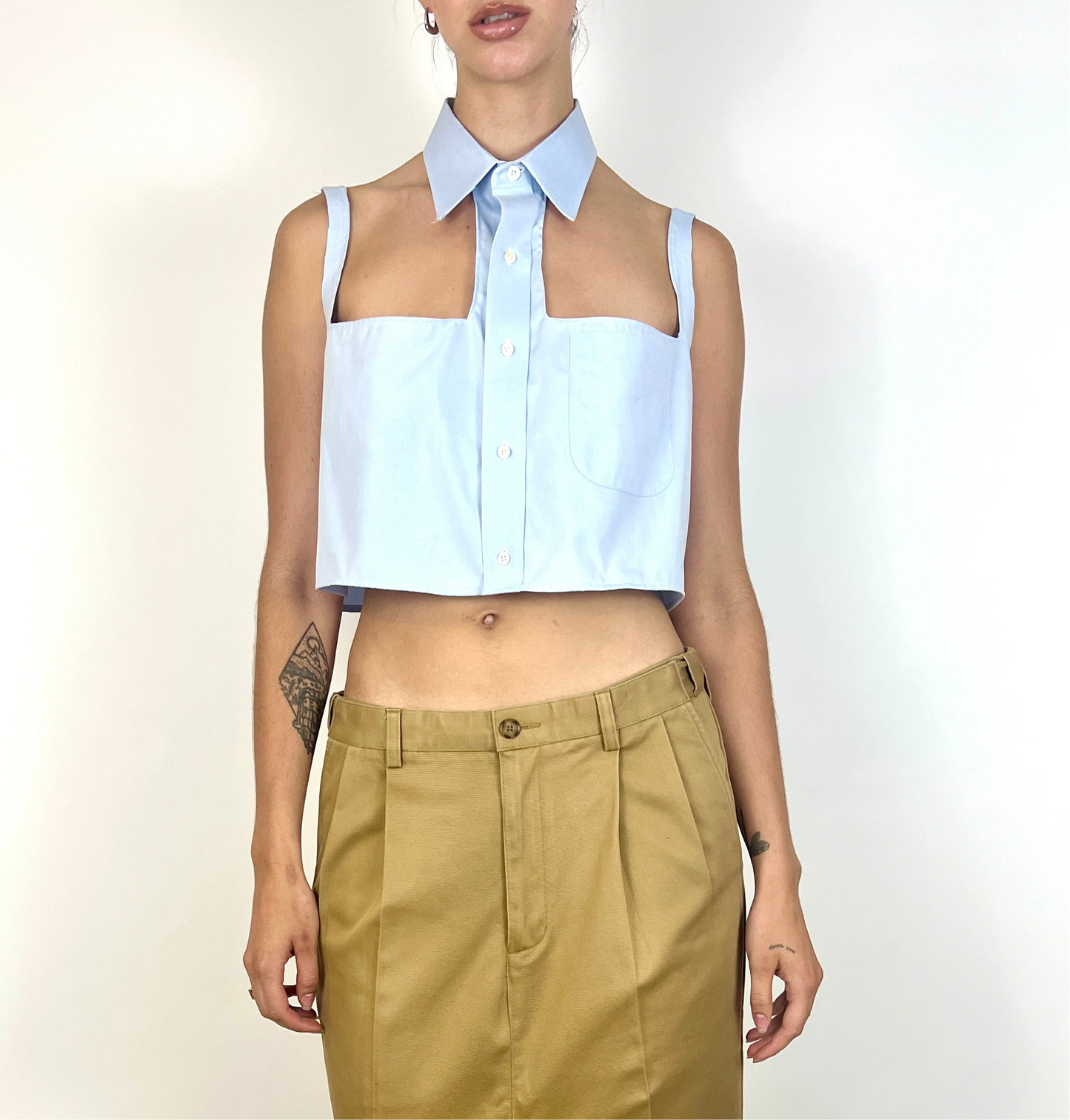 CUSTOM VTG COTTON OXFORD, HALTER TANK. BLUE SKY