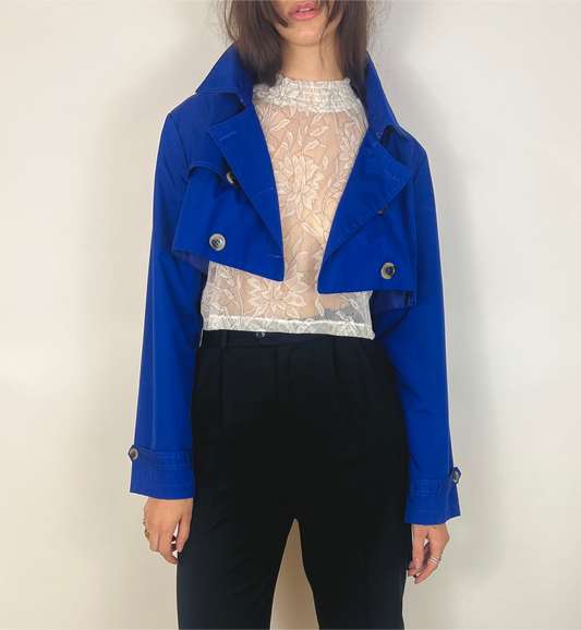 CUSTOM VTG OVERSIZED TRENCH, CROPPED JACKET. LAPIS