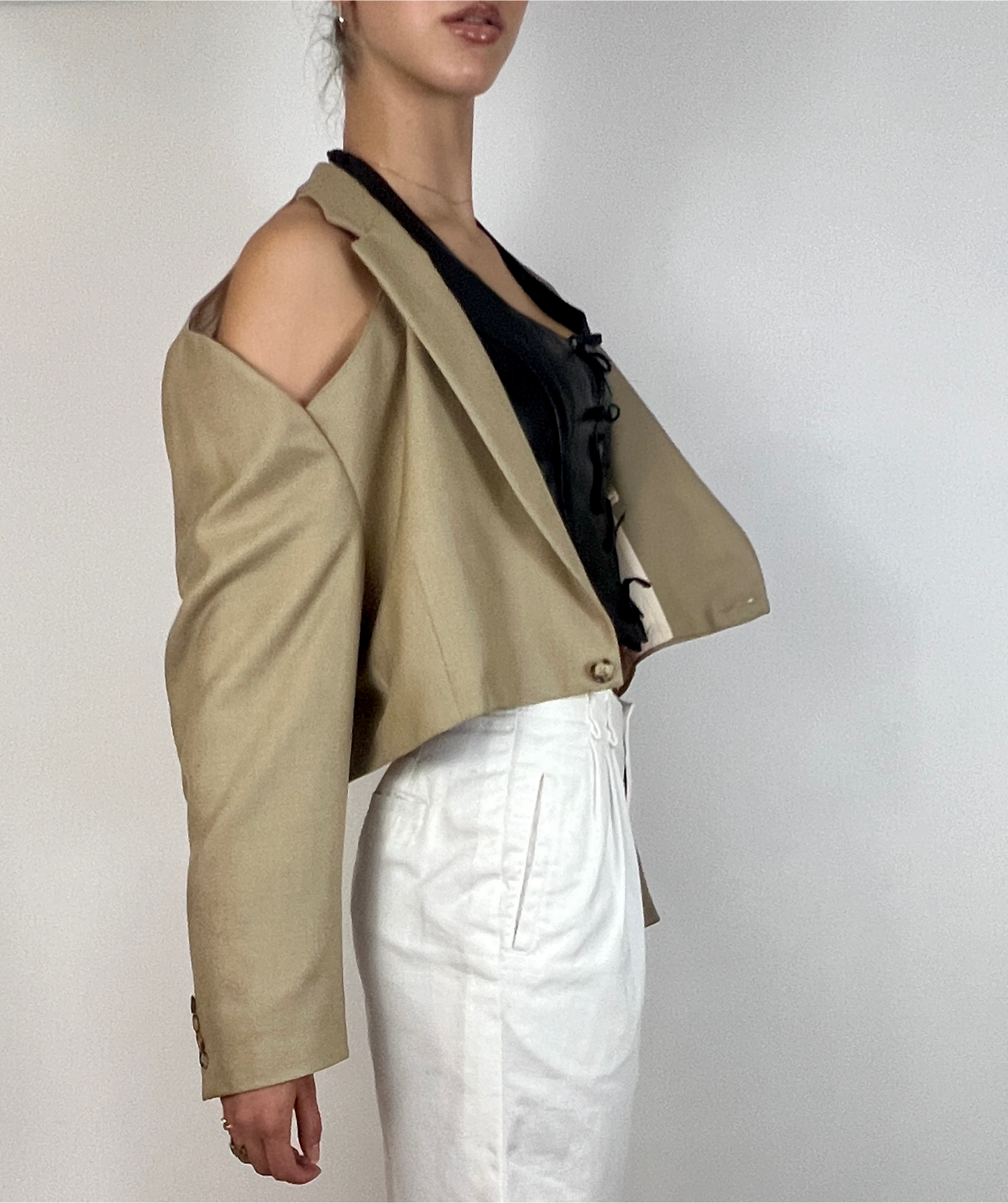 CUSTOM VTG OVERSIZED SILK BLAZER, HUMMUS. CROPPED, OPEN COLLAR