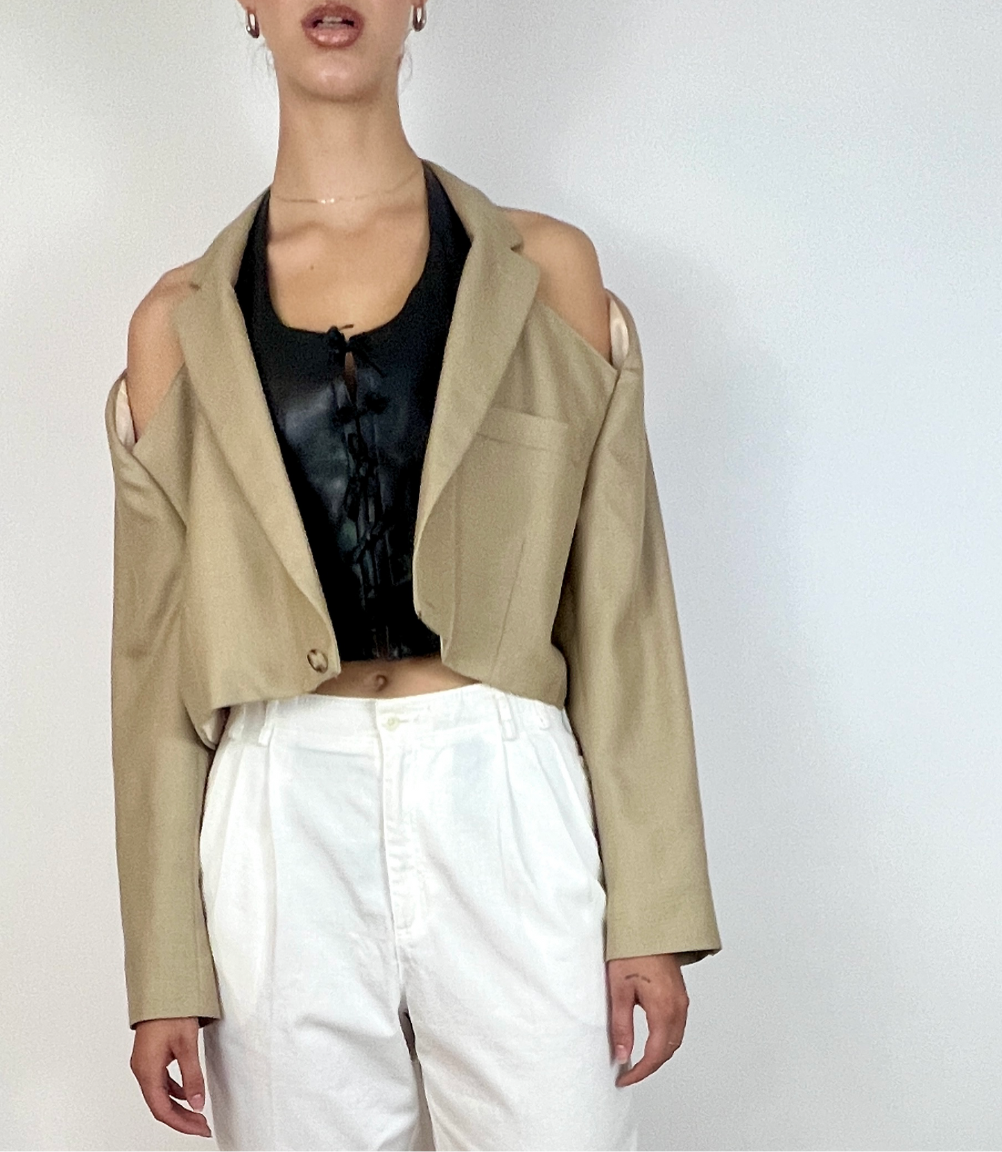 CUSTOM VTG OVERSIZED SILK BLAZER, HUMMUS. CROPPED, OPEN COLLAR