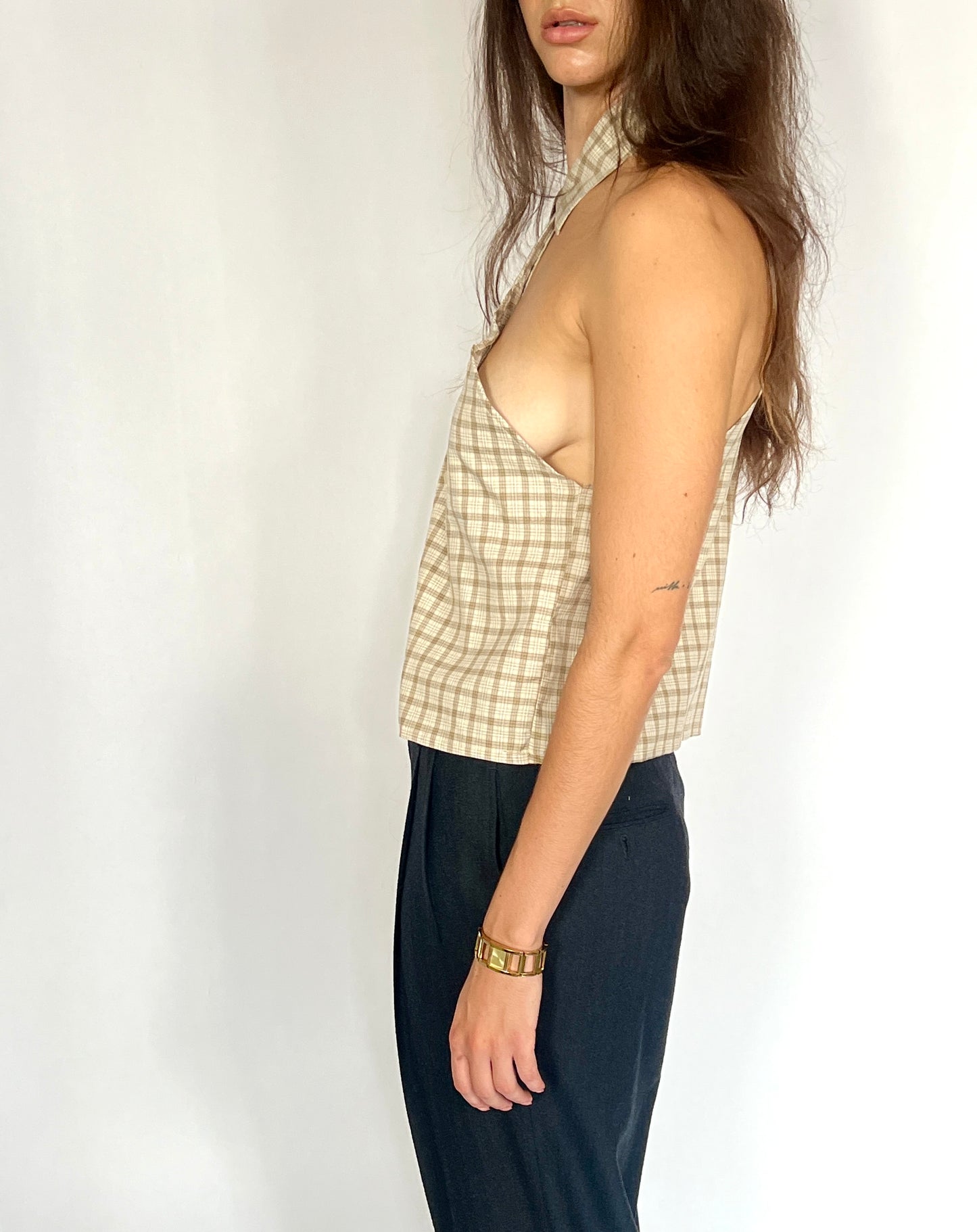 CUSTOM VTG COTTON OXFORD, SEXY BEIGE PLAID.  CROPPED, ONE SHOULDER.