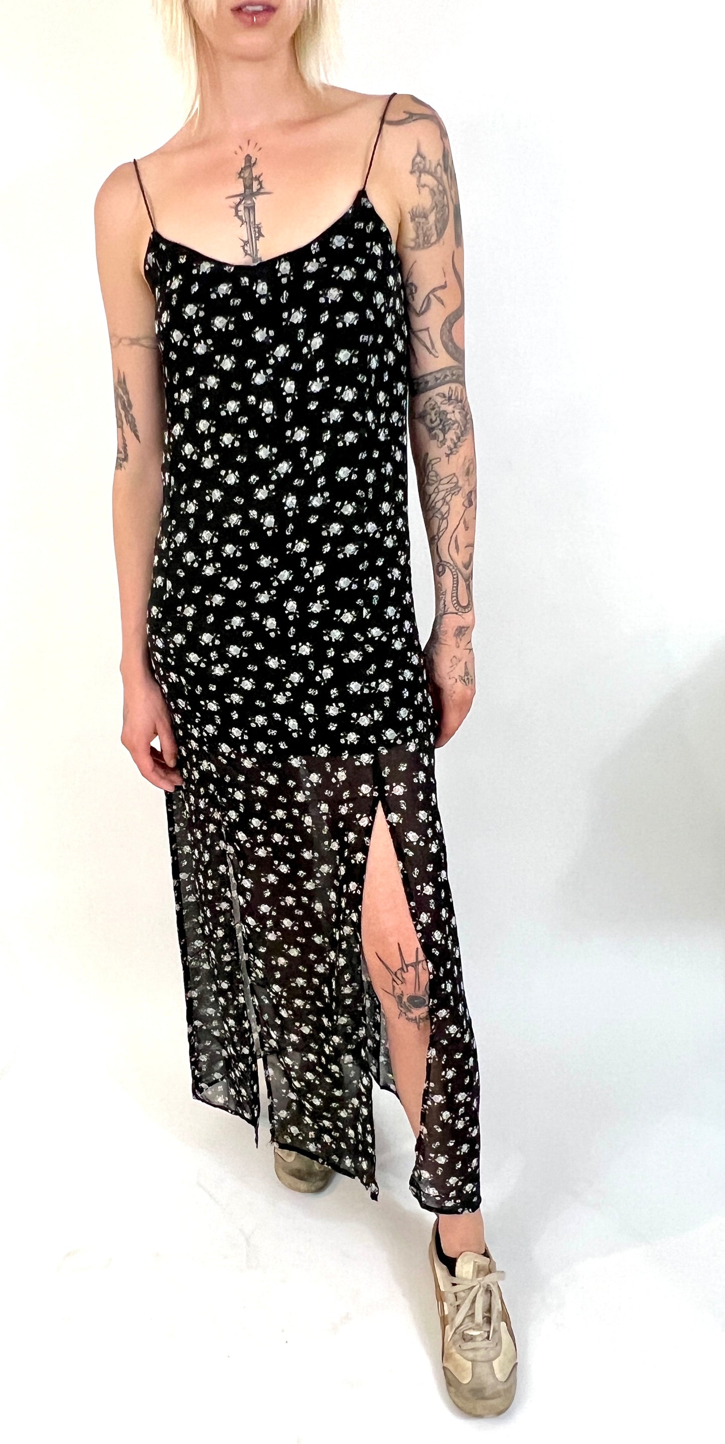 ARCHIVES: BLACK FLORAL CREPE SLIP DRESS