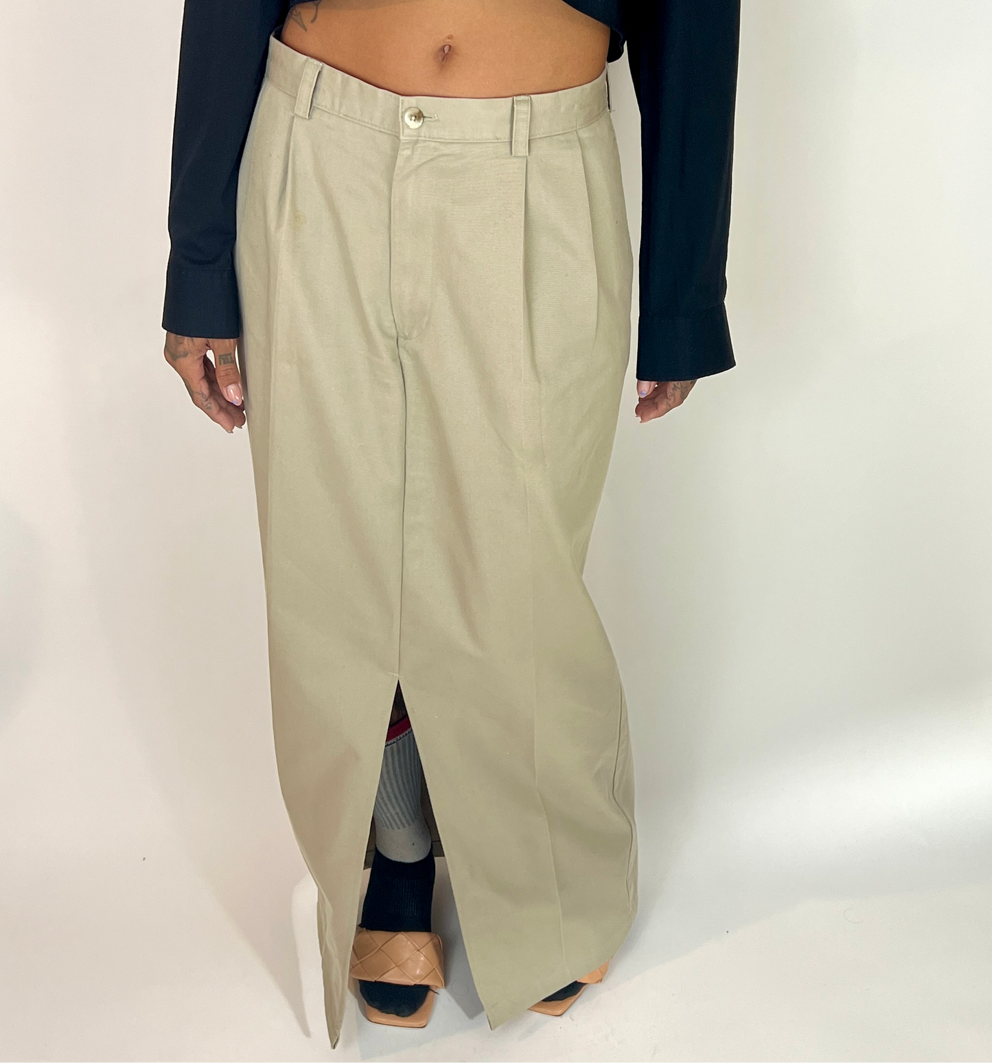 CUSTOM VTG COTTON TROUSER MAXI SKIRT, ALMOND