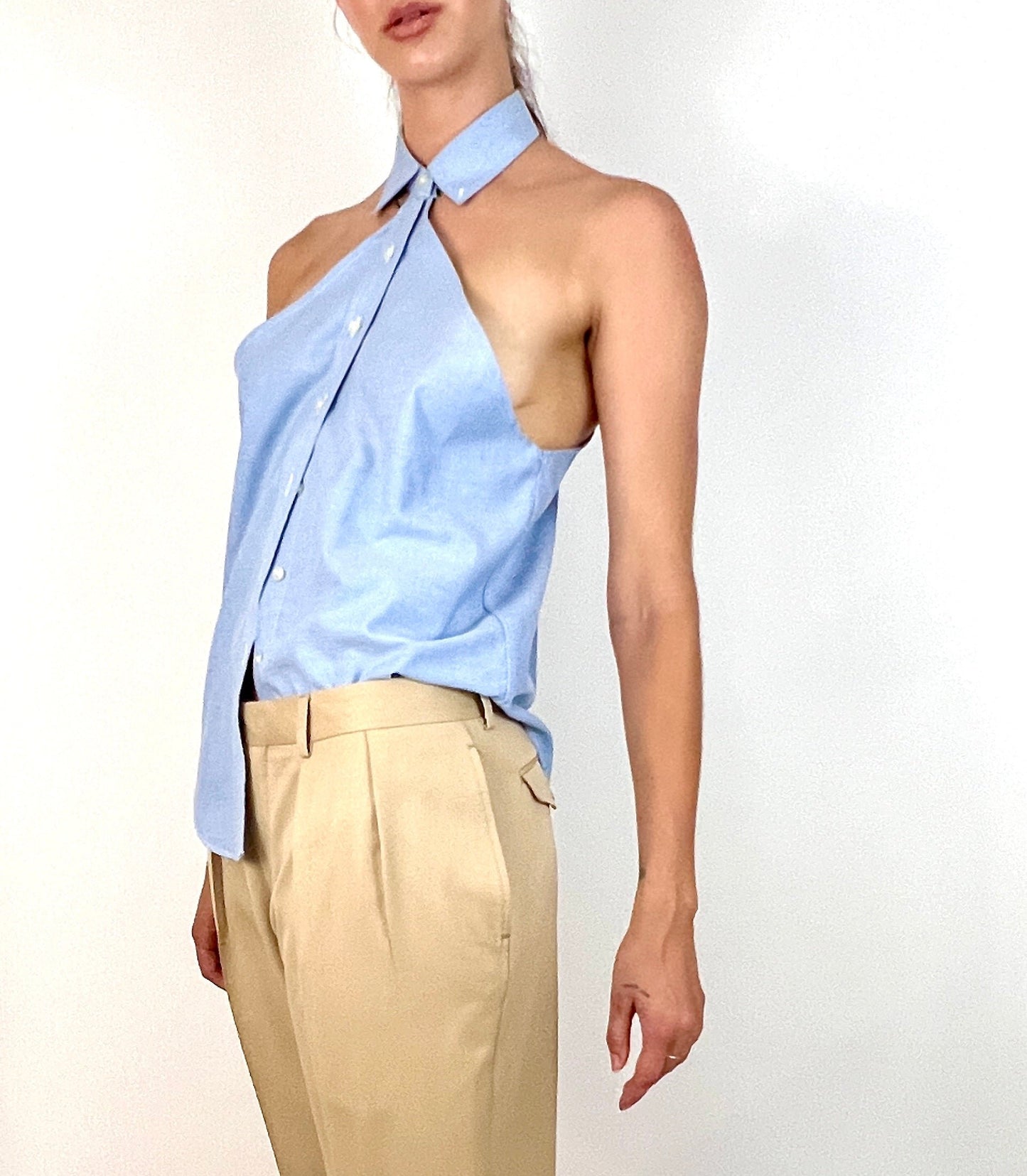 CUSTOM VTG COTTON OXFORD, SCALLOPED HALTER. BLUE SKY