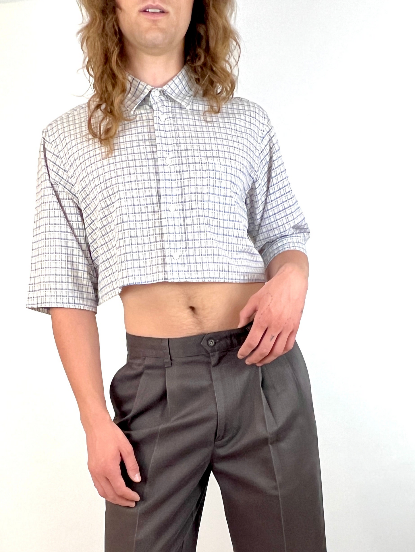 CUSTOM VTG CHRISTIAN DIOR OXFORD, SS BLUE/BROWN PLAID.  CROPPED