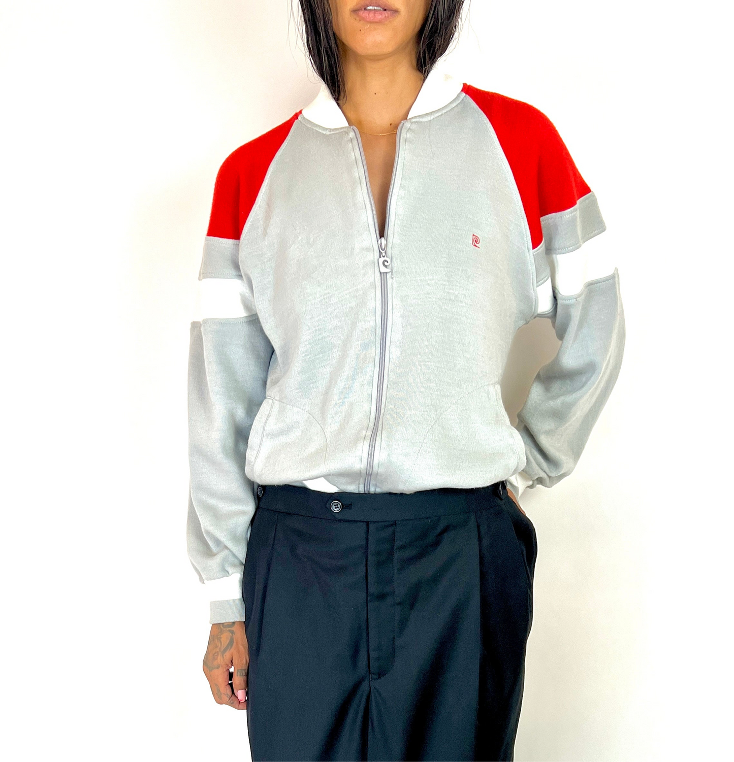 1980S PIERRE CARDIN ZIP SWEATSHIRT HOODIE, RED/GREY