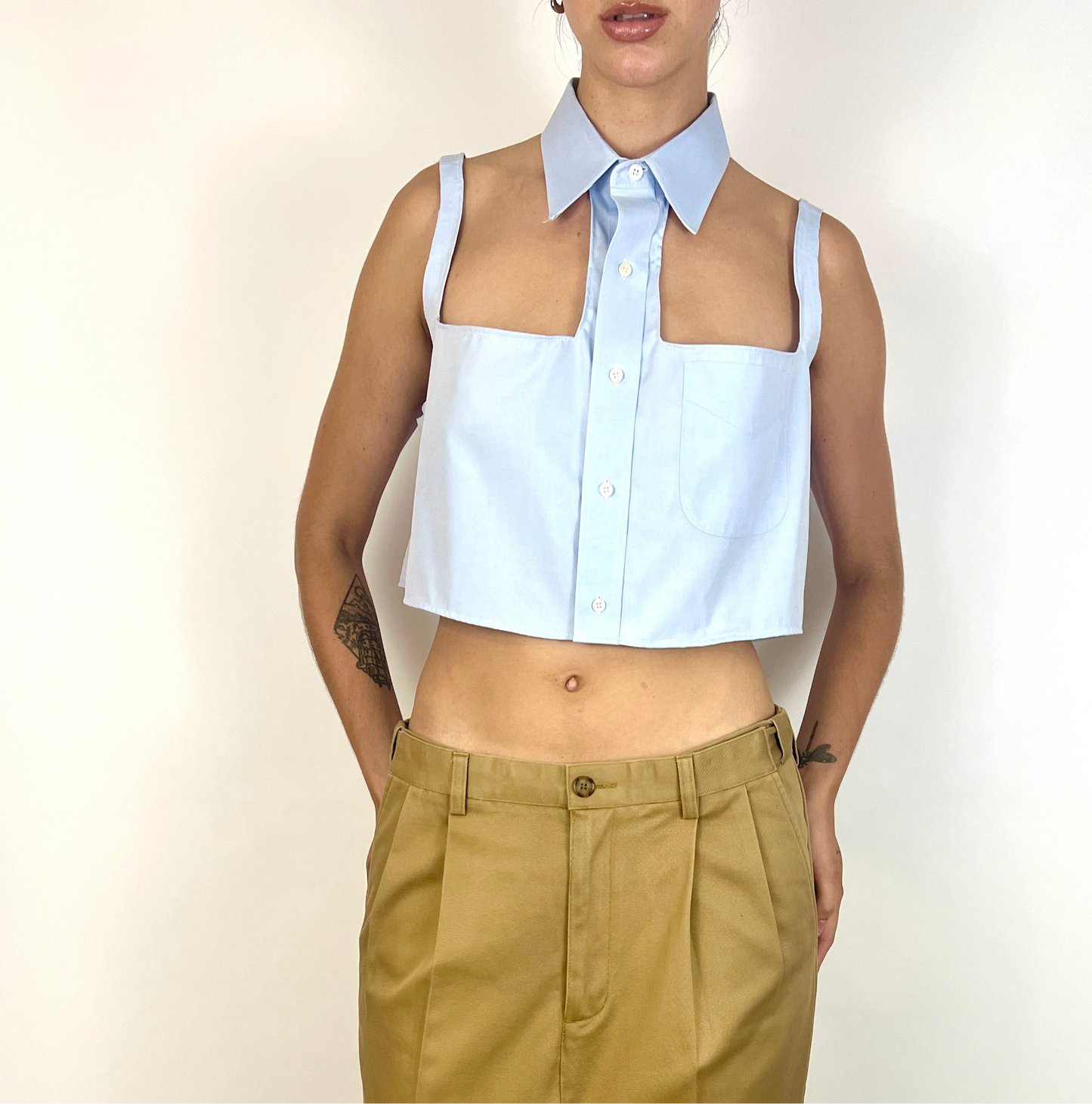 CUSTOM VTG COTTON OXFORD, HALTER TANK. BLUE SKY