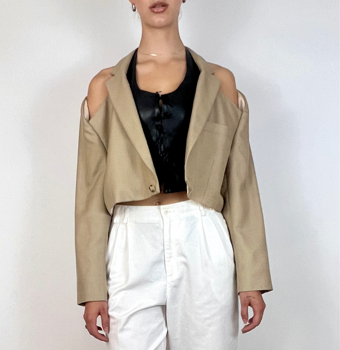 CUSTOM VTG OVERSIZED SILK BLAZER, HUMMUS. CROPPED, OPEN COLLAR