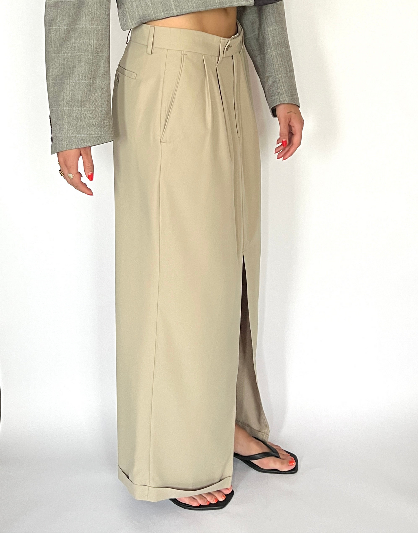 CUSTOM VTG COTTON & SILK TROUSER MAXI SKIRT, LATTE