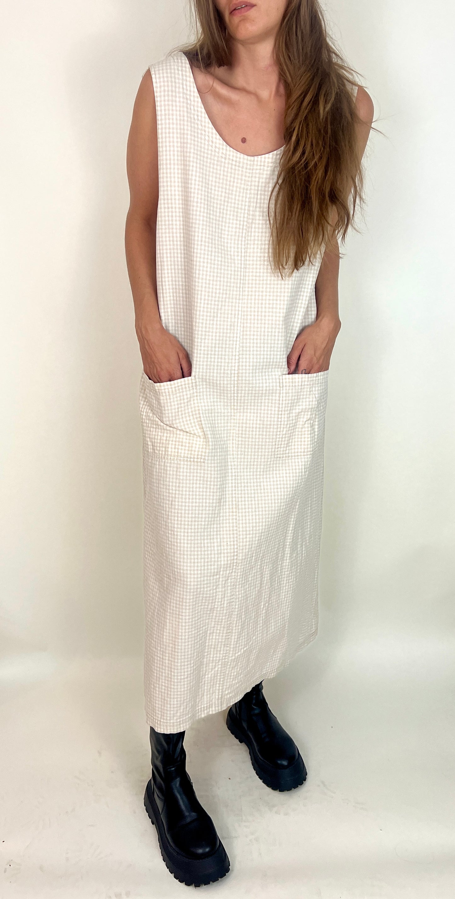 SLINKY LINEN GRUNGE MAXI DRESS, BEIGE GINGHAM