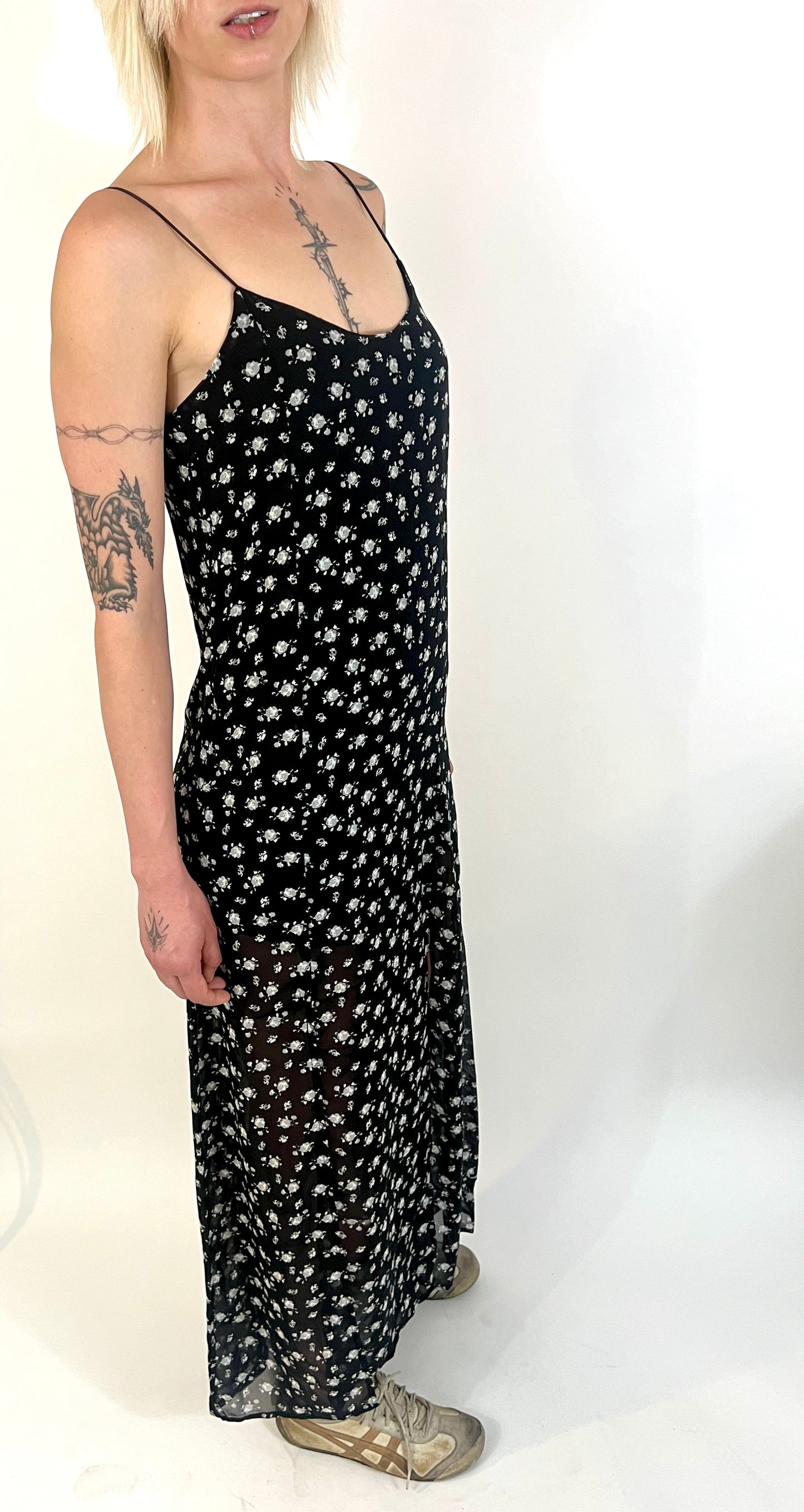 ARCHIVES: BLACK FLORAL CREPE SLIP DRESS