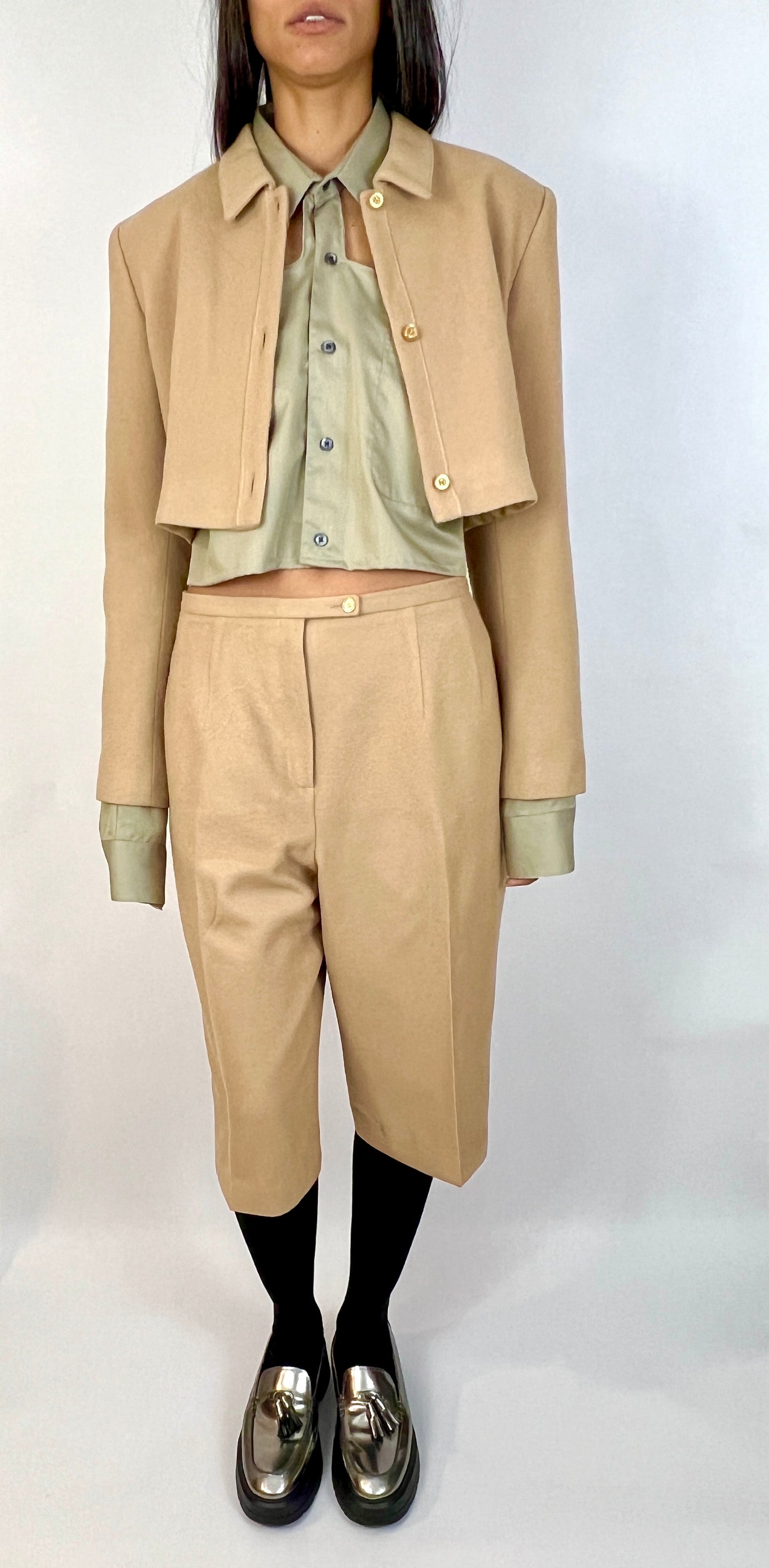 CUSTOM VTG CAMEL HAIR BOXY SUIT, CROPPED, LONG SHORTS. TRADITIONAL