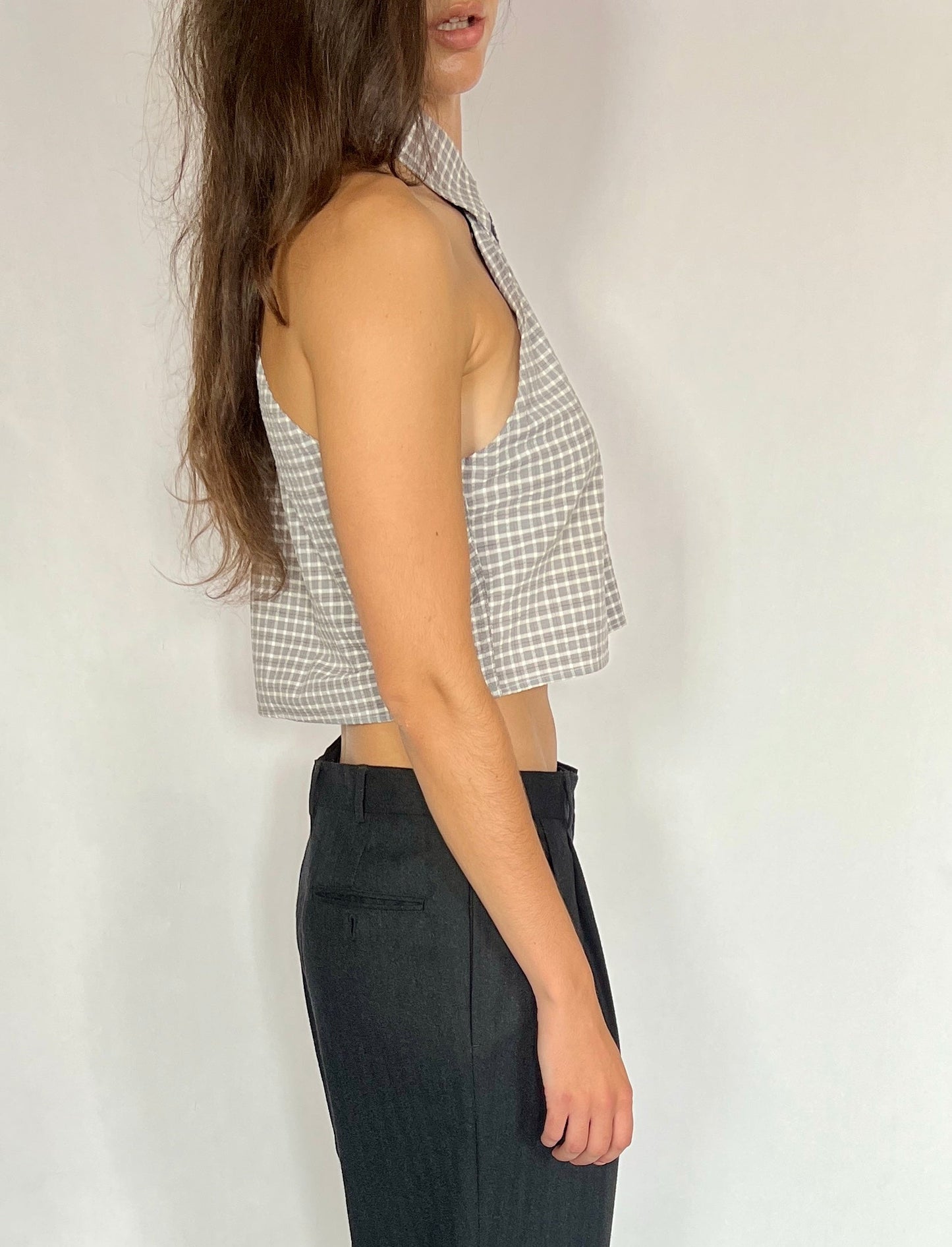 CUSTOM VTG COTTON OXFORD, GRAY PLAID.  CROPPED, ONE SHOULDER.