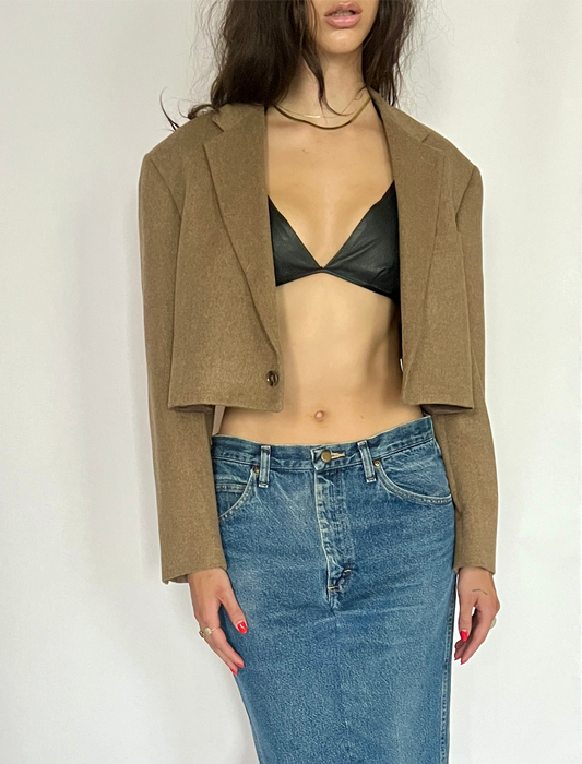 CUSTOM VTG WOOL OVERSIZED BLAZER, DRIED LEAF.  CROPPED, HIGH BACK