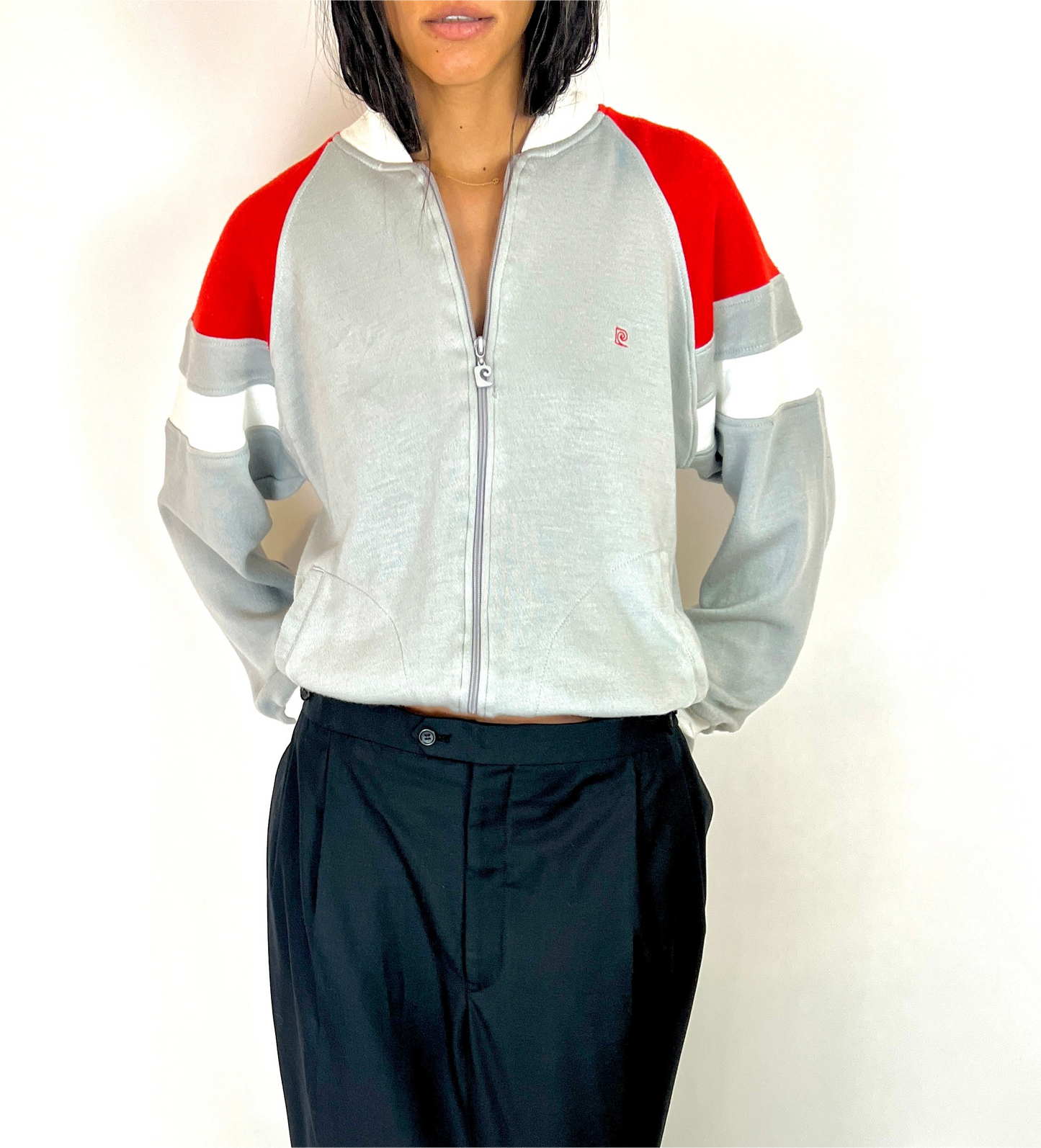 1980S PIERRE CARDIN ZIP SWEATSHIRT HOODIE, RED/GREY