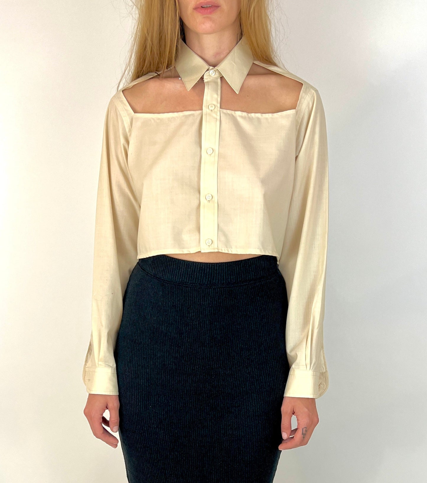 CUSTOM VTG YSL, CUSTARD. CUT-OUT COLLAR, CROPPED