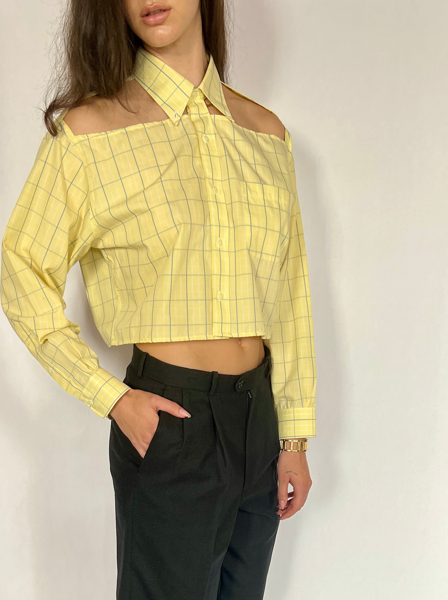 CUSTOM VTG COTTON OXFORD, FOLIAGE.  CROPPED, CUT-OUT COLLAR