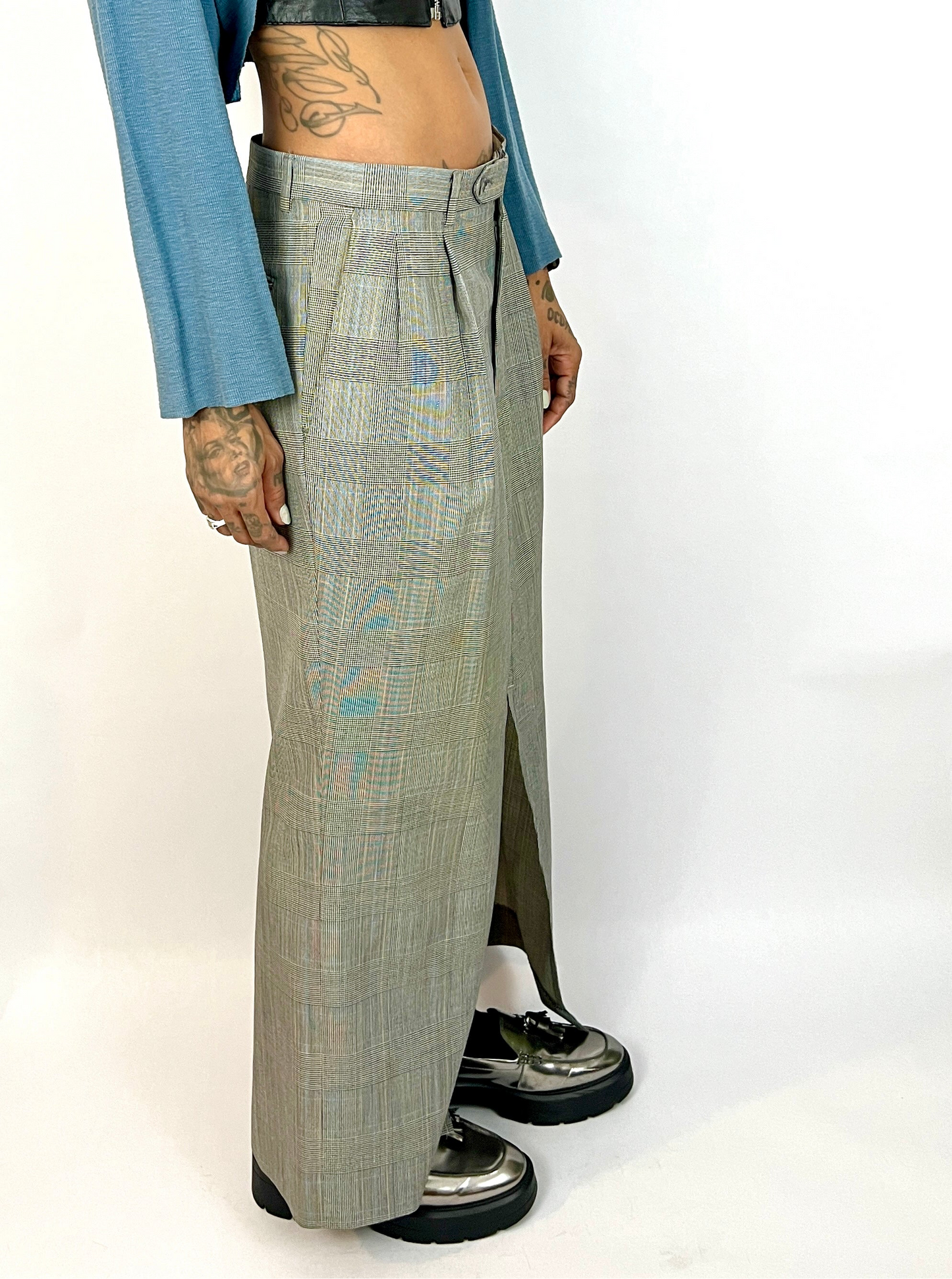 CUSTOM VTG WOOL BOXY SUIT, TROUSER MAXI. MICRO HOUNDSTOOTH PLAID