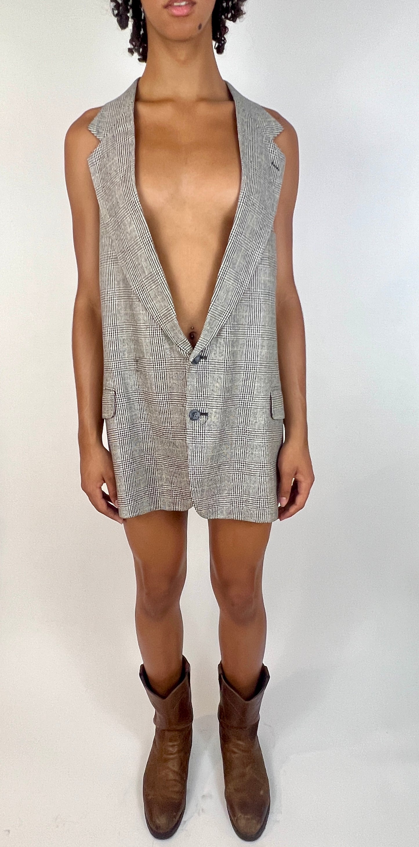 CUSTOM VTG RAW SILK OVERSIZED VEST DRESS, HOUNDSTOOTH PLAID