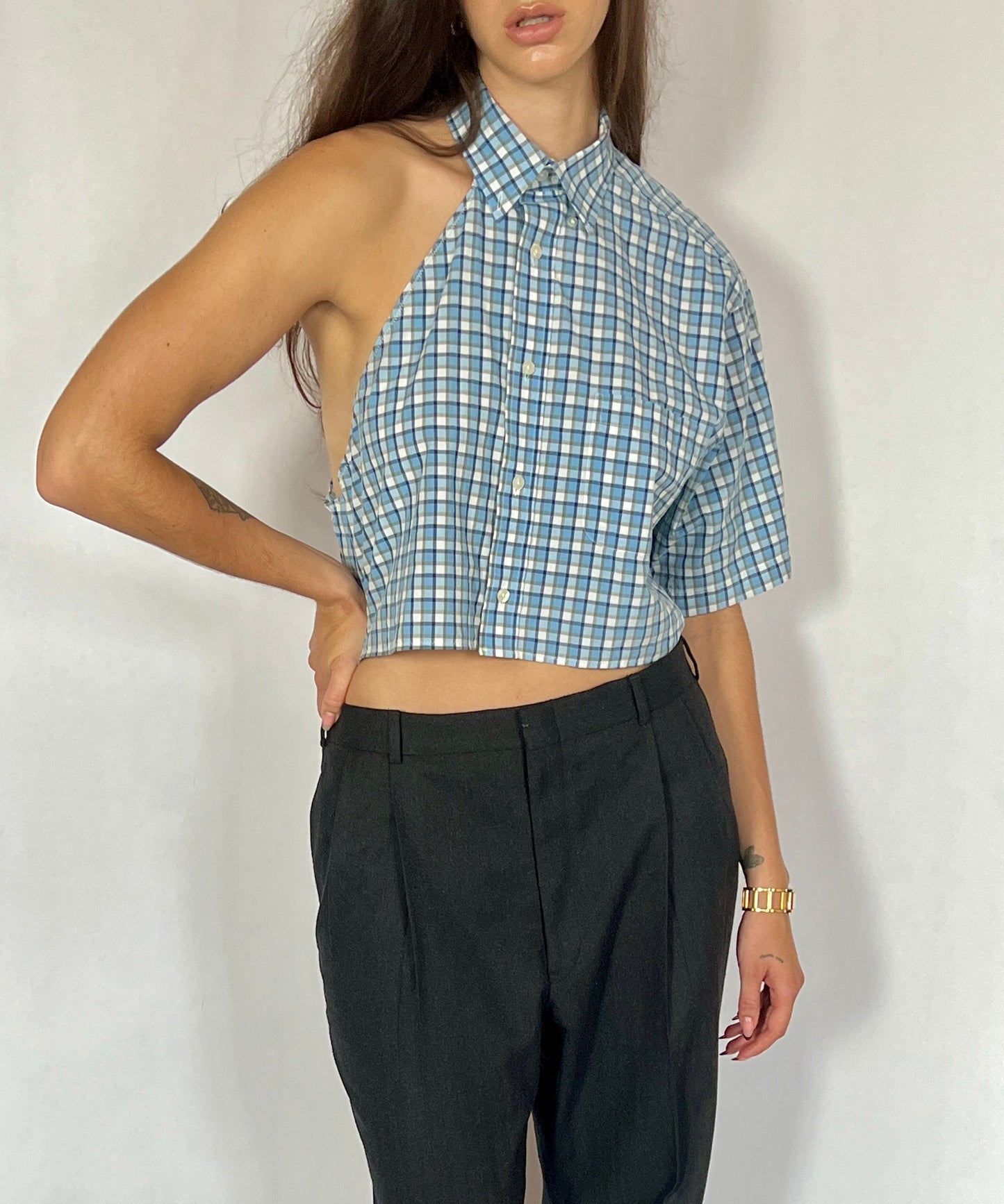 CUSTOM VTG COTTON OXFORD, BLUE PLAID.  CROPPED, ONE SHOULDER.