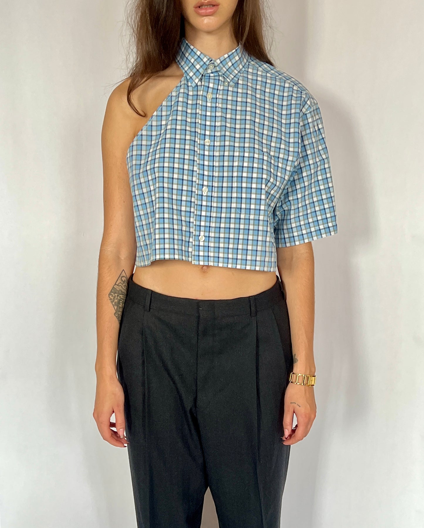 CUSTOM VTG COTTON OXFORD, BLUE PLAID.  CROPPED, ONE SHOULDER.