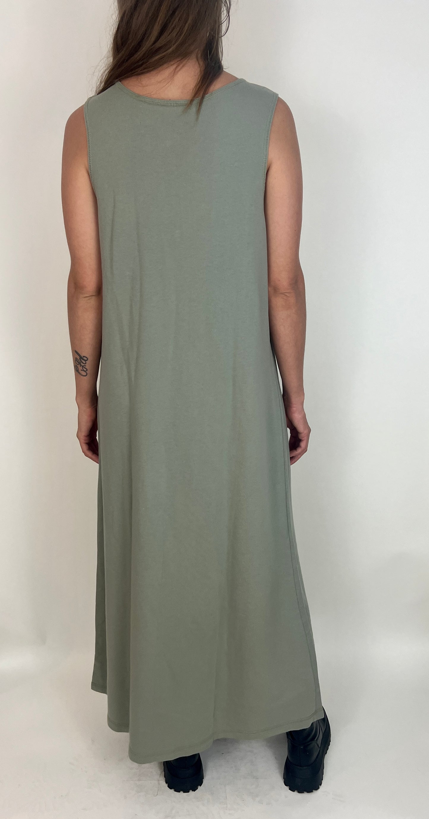 SLINKY COTTON GRUNGE MAXI DRESS, MOSS