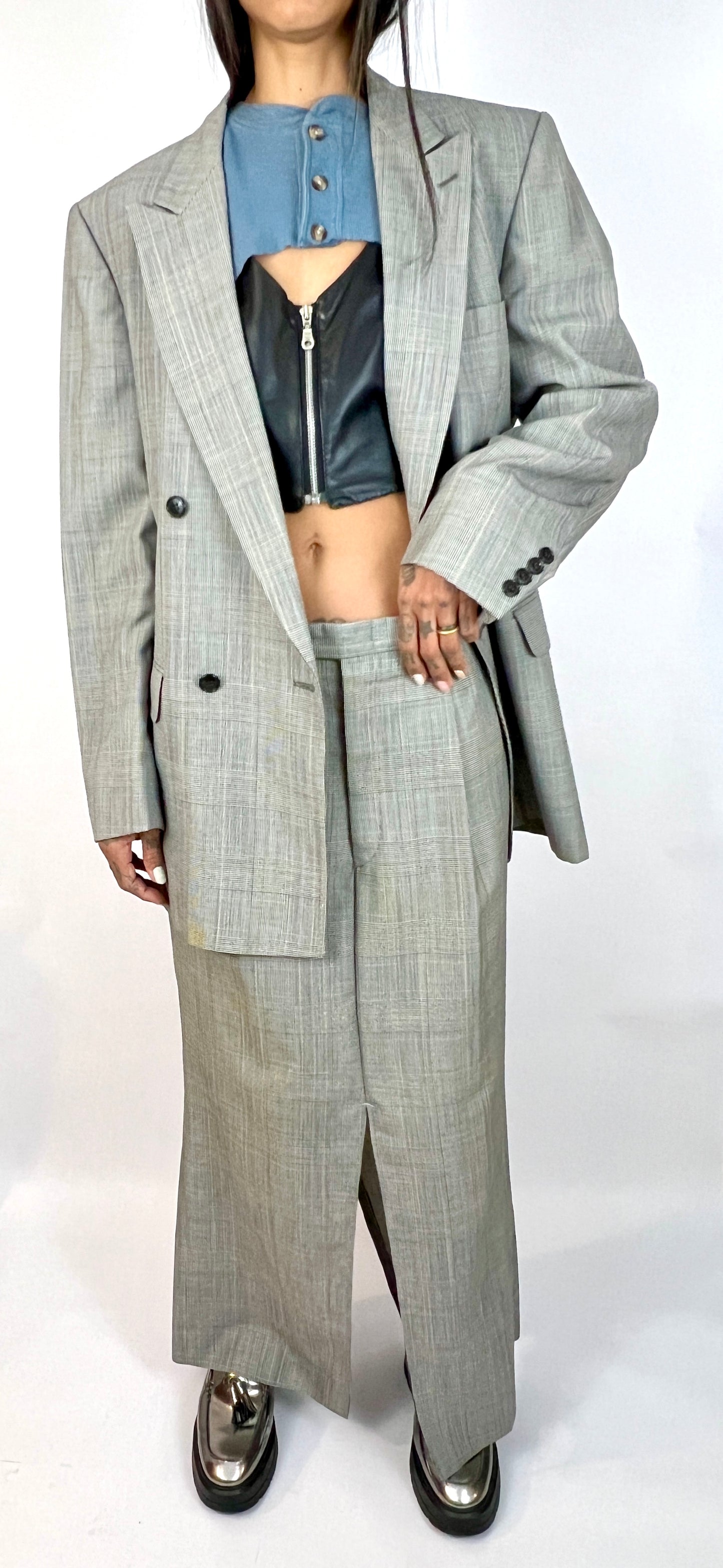 CUSTOM VTG WOOL BOXY SUIT, TROUSER MAXI. MICRO HOUNDSTOOTH PLAID