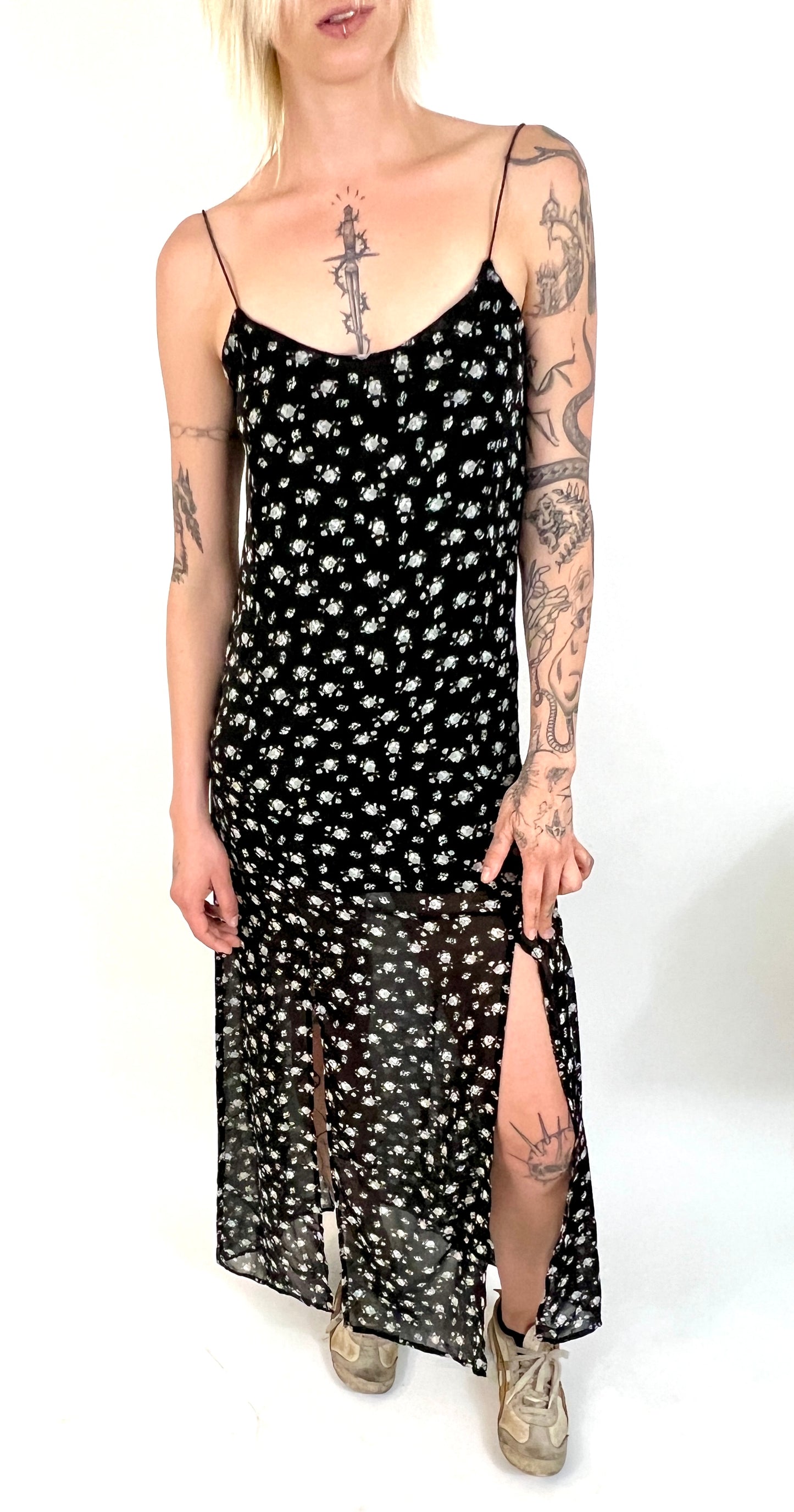 ARCHIVES: BLACK FLORAL CREPE SLIP DRESS