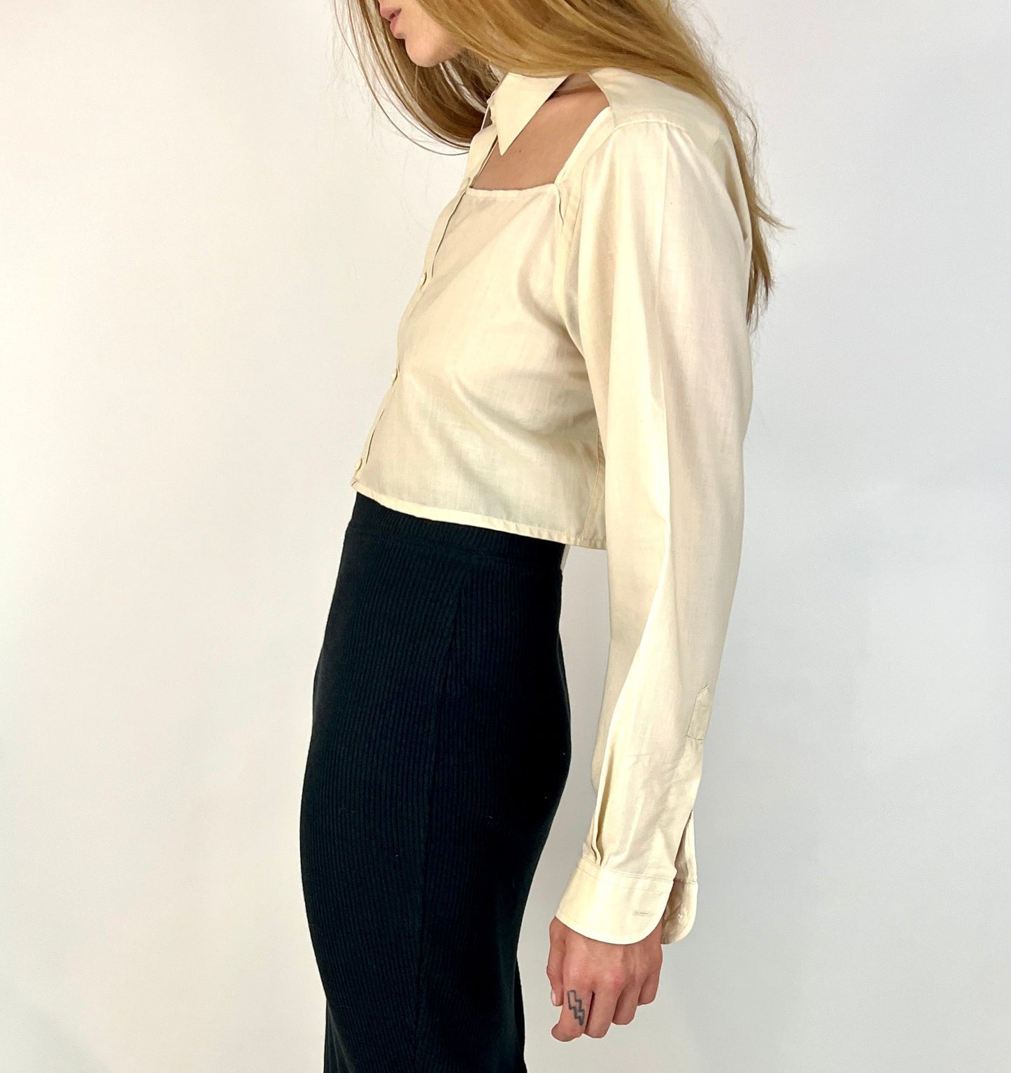 CUSTOM VTG YSL, CUSTARD. CUT-OUT COLLAR, CROPPED