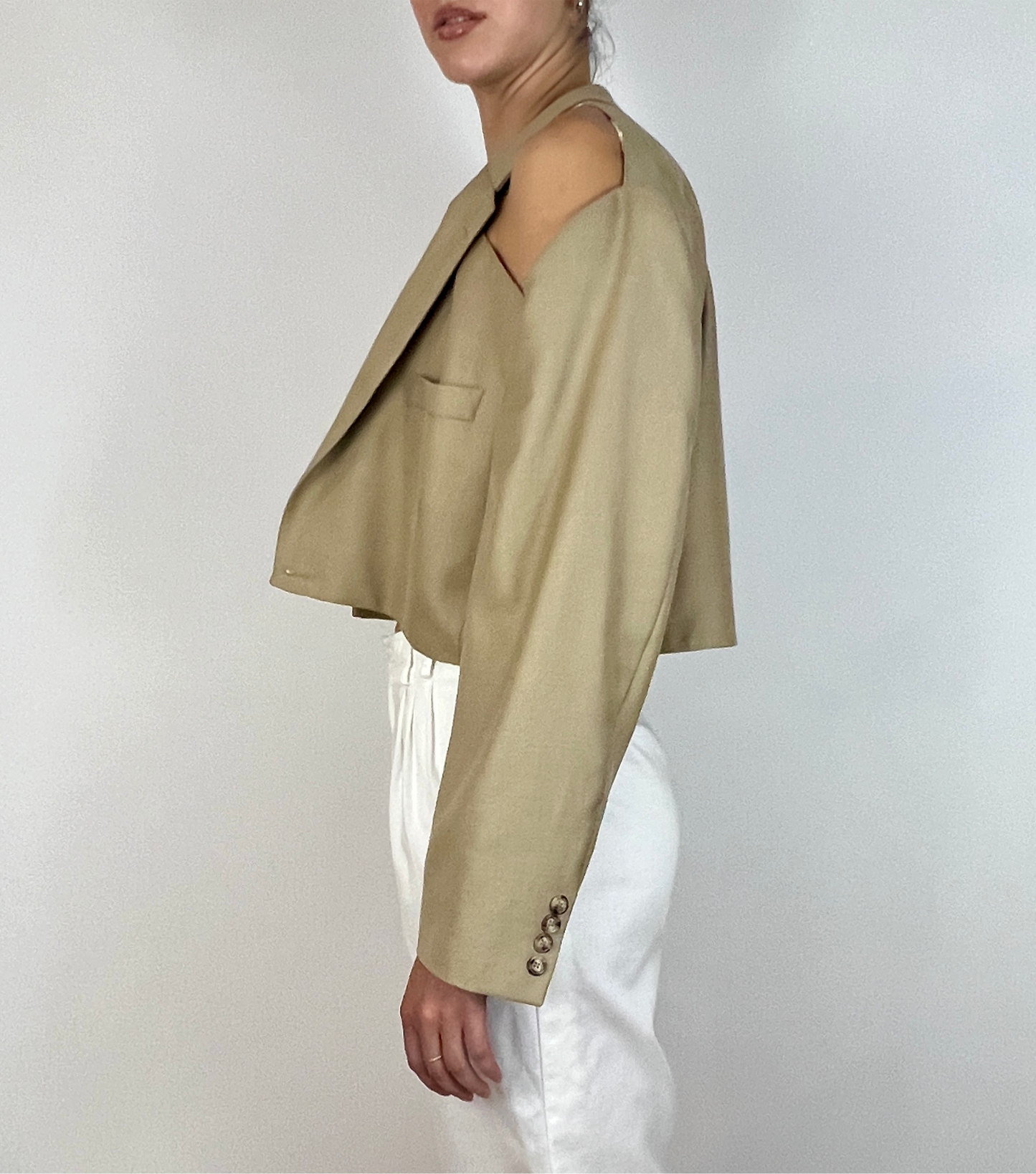 CUSTOM VTG OVERSIZED SILK BLAZER, HUMMUS. CROPPED, OPEN COLLAR