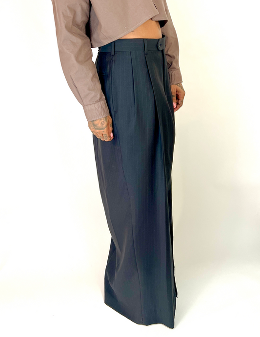 CUSTOM VTG WOOL TROUSER MAXI SKIRT, DEEP GRAY PINSTRIPE