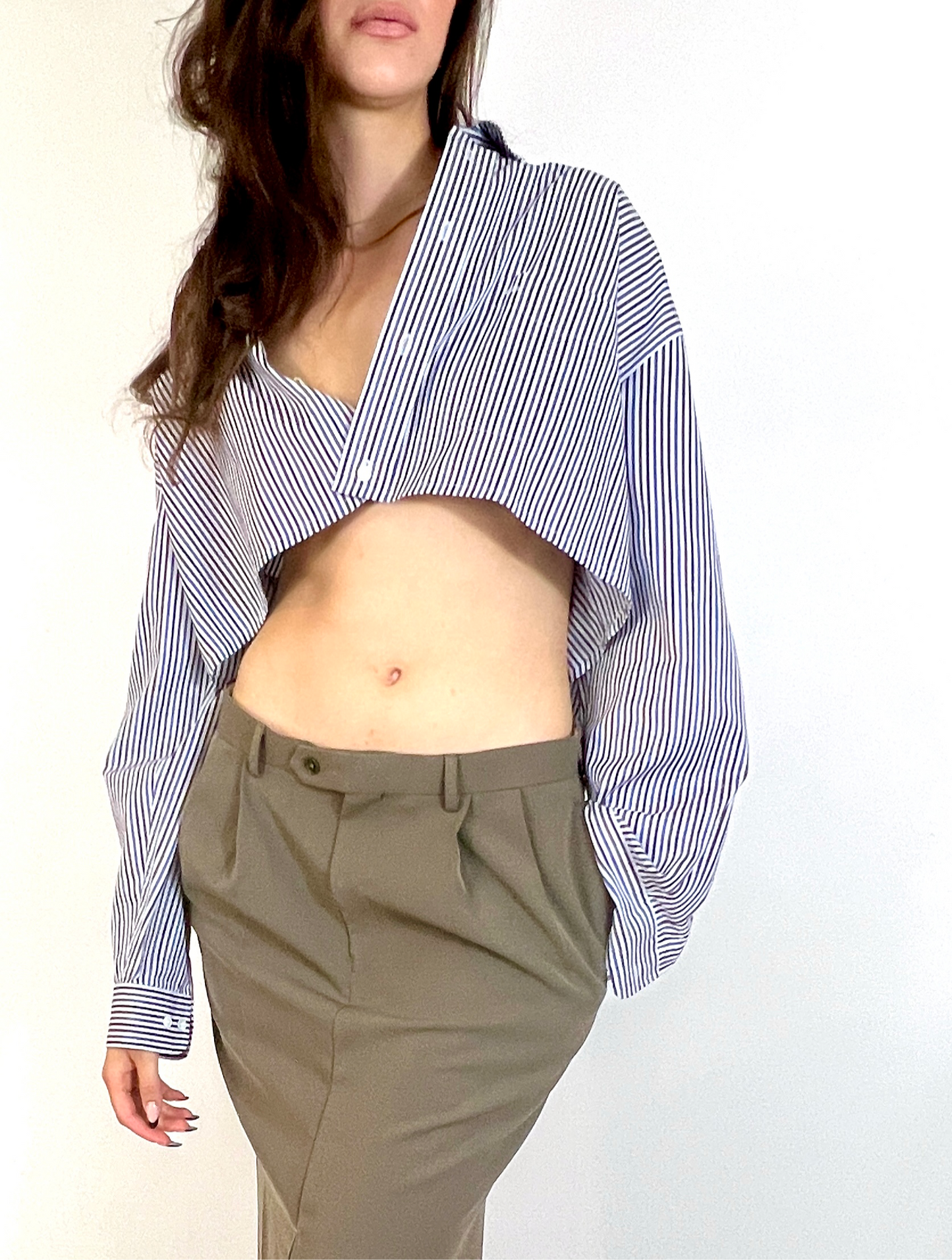 CUSTOM VTG COTTON OXFORD, BLUE & BROWN STRIPE. CROPPED