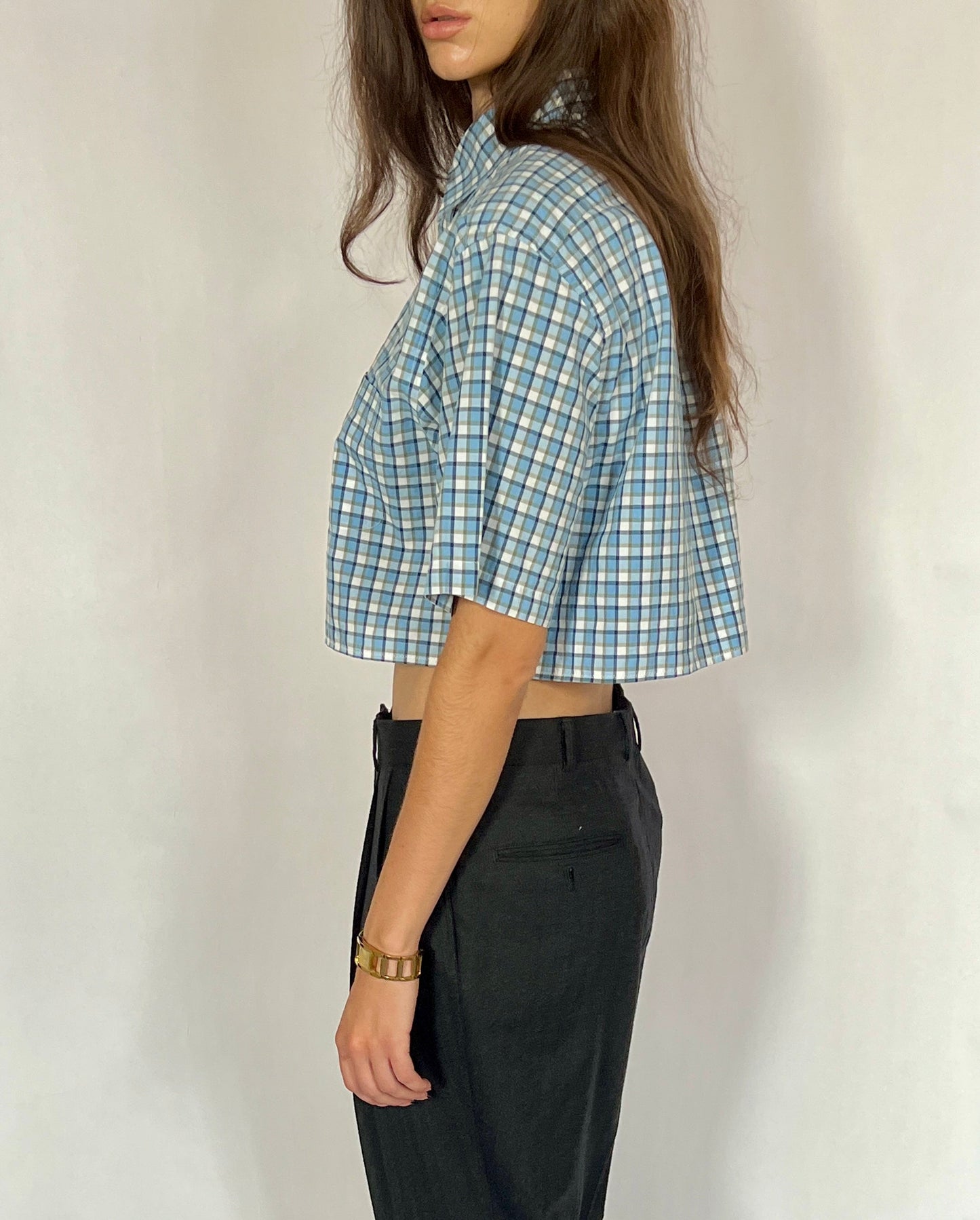 CUSTOM VTG COTTON OXFORD, BLUE PLAID.  CROPPED, ONE SHOULDER.