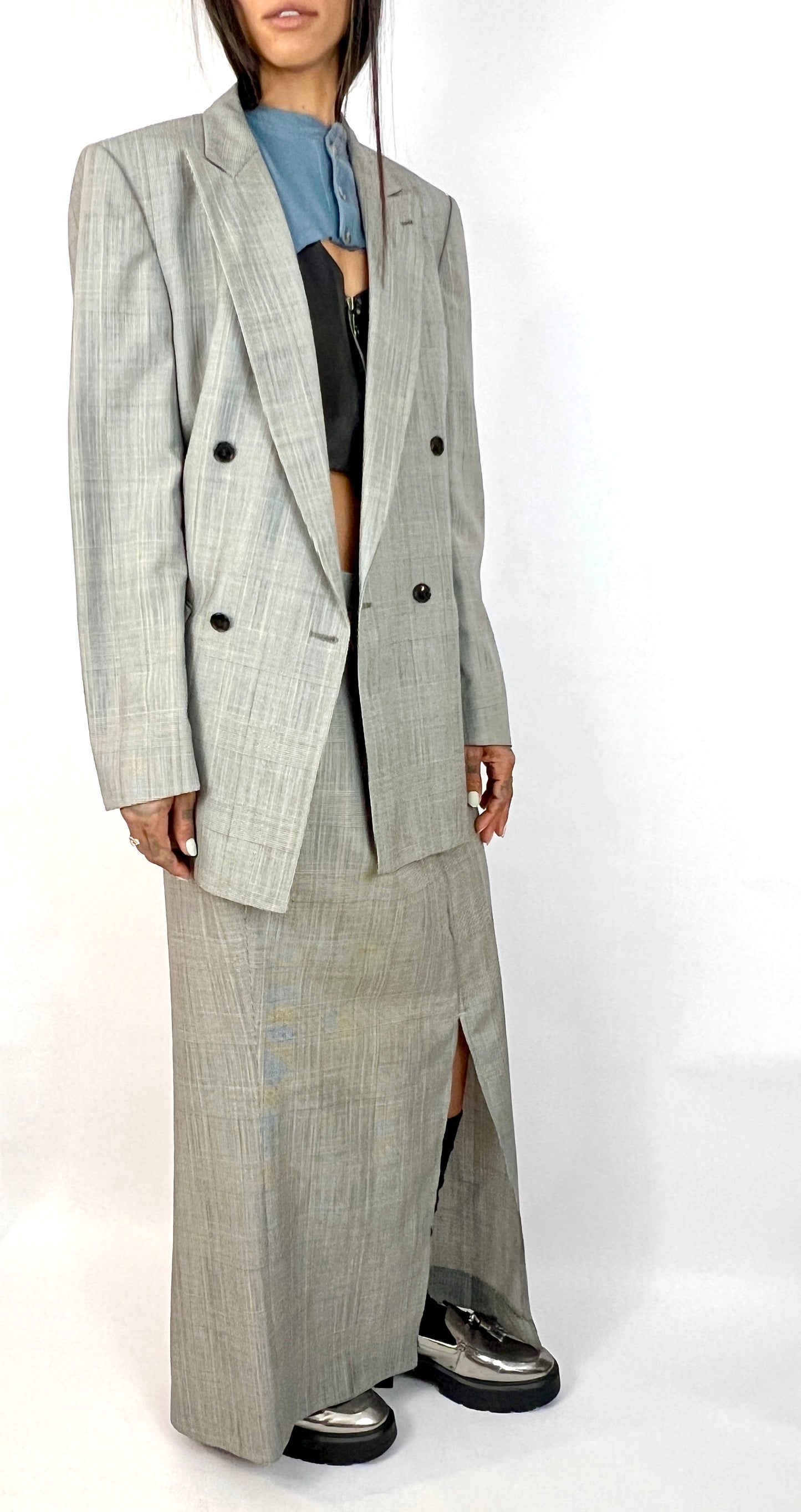 CUSTOM VTG WOOL BOXY SUIT, TROUSER MAXI. MICRO HOUNDSTOOTH PLAID