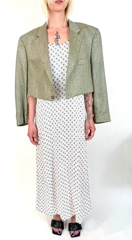 CUSTOM VTG SILK BLAZER, GREEN CHEVRON. CROPPED