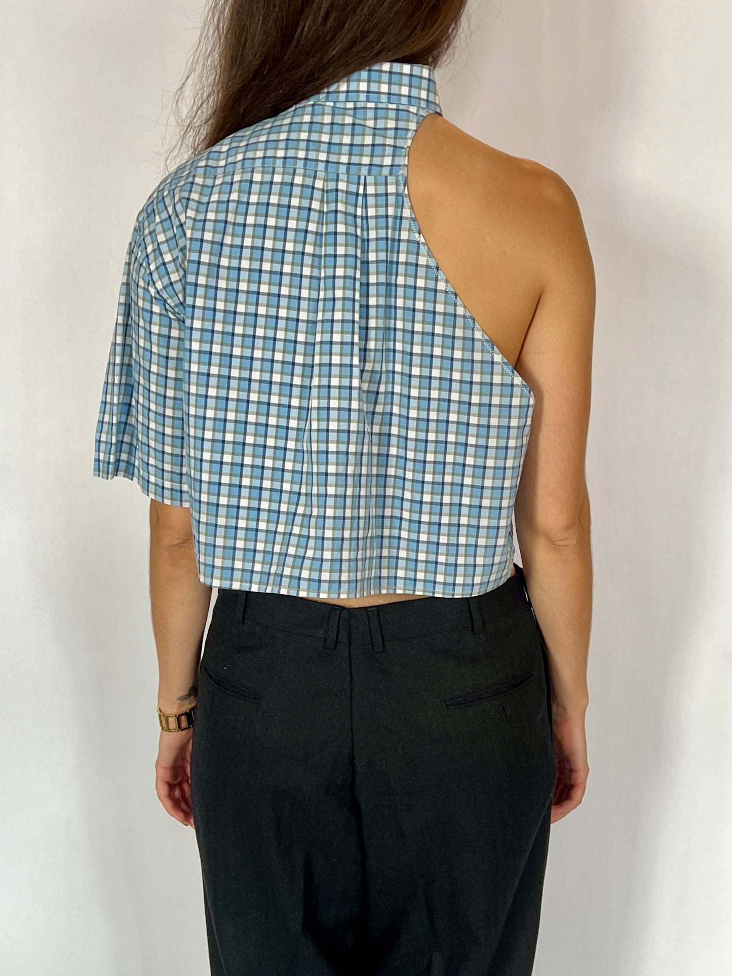 CUSTOM VTG COTTON OXFORD, BLUE PLAID.  CROPPED, ONE SHOULDER.