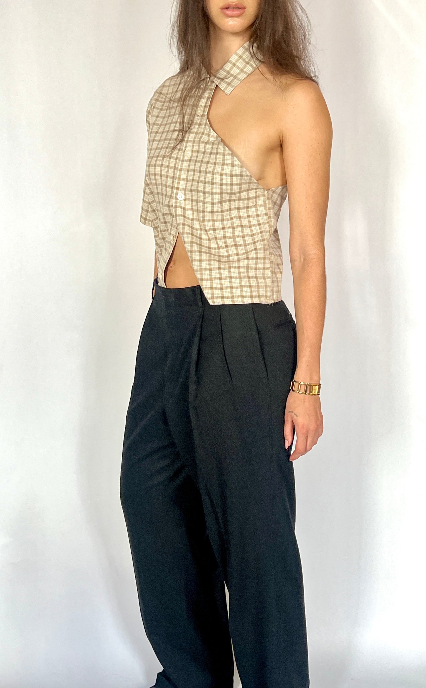 CUSTOM VTG COTTON OXFORD, SEXY BEIGE PLAID.  CROPPED, ONE SHOULDER.
