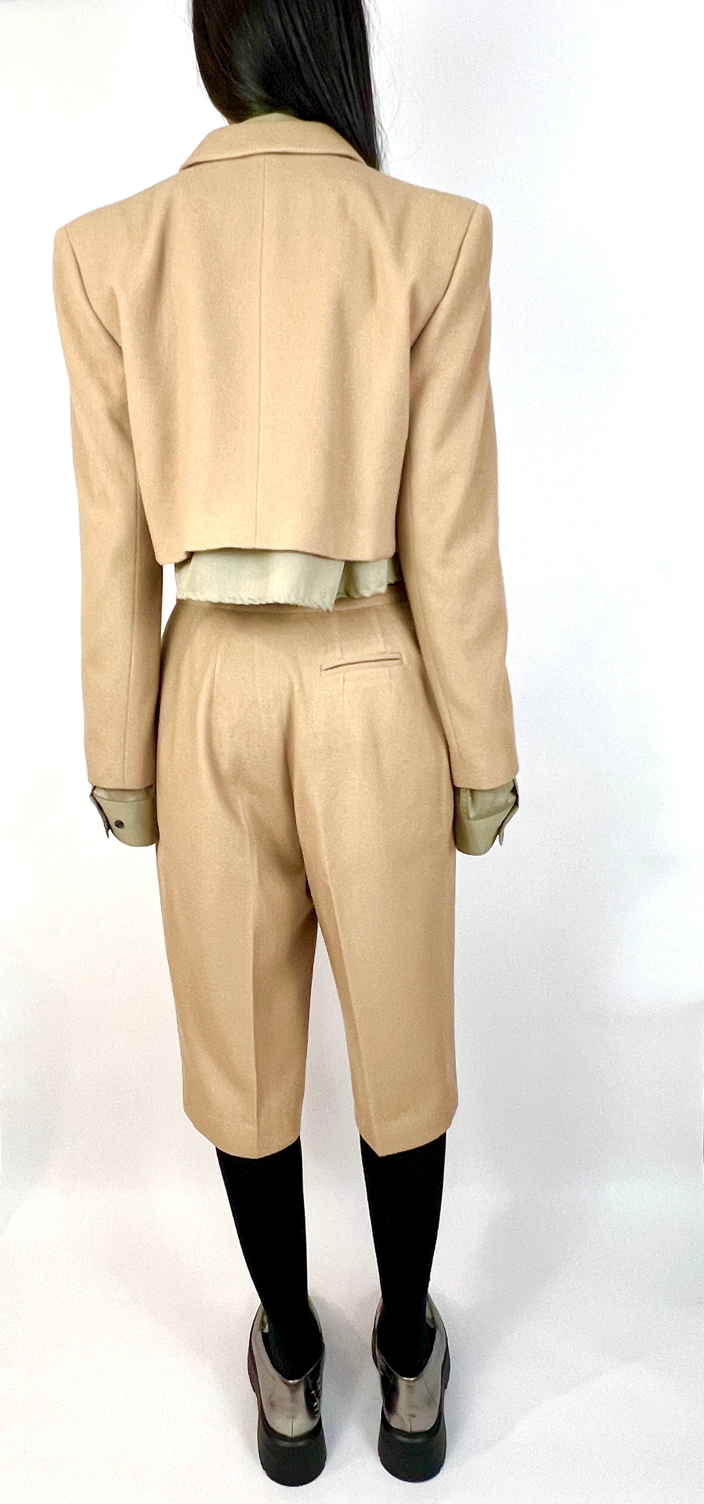 CUSTOM VTG CAMEL HAIR BOXY SUIT, CROPPED, LONG SHORTS. TRADITIONAL